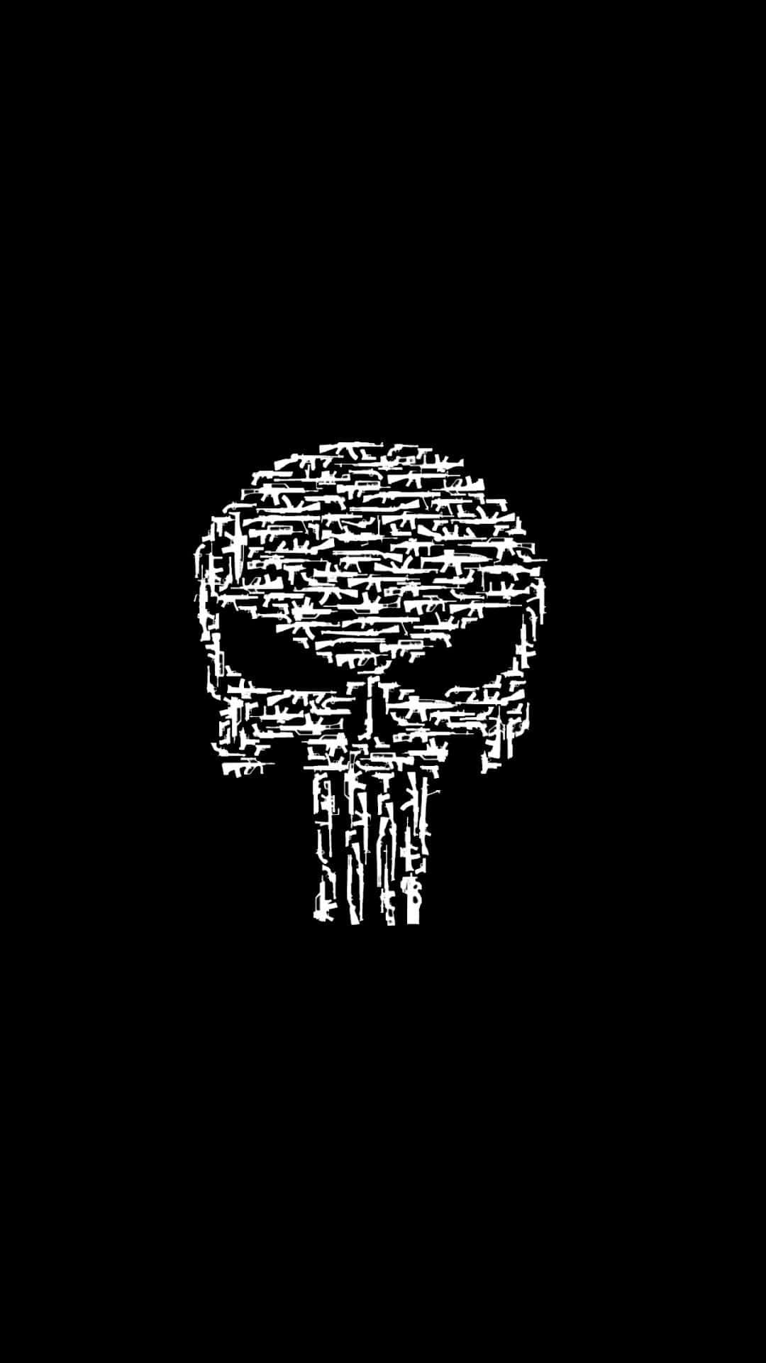 Punisher Skull 桌布 壁紙 — 一個由雜亂塗鴉組成的白色 Punisher 骷髏標誌，置於純黑色背景上。