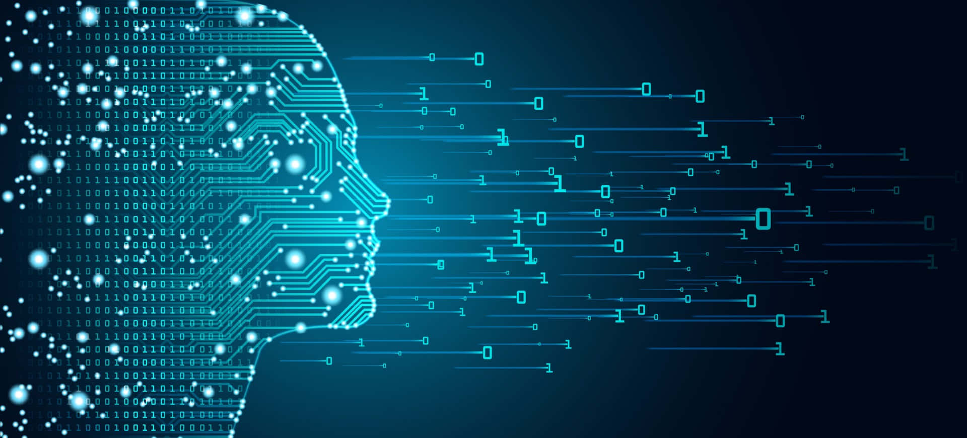 AI 桌布 壁紙 — 一個由電路和二進制代碼組成的發光藍色數位人頭剪影，背景為深色。