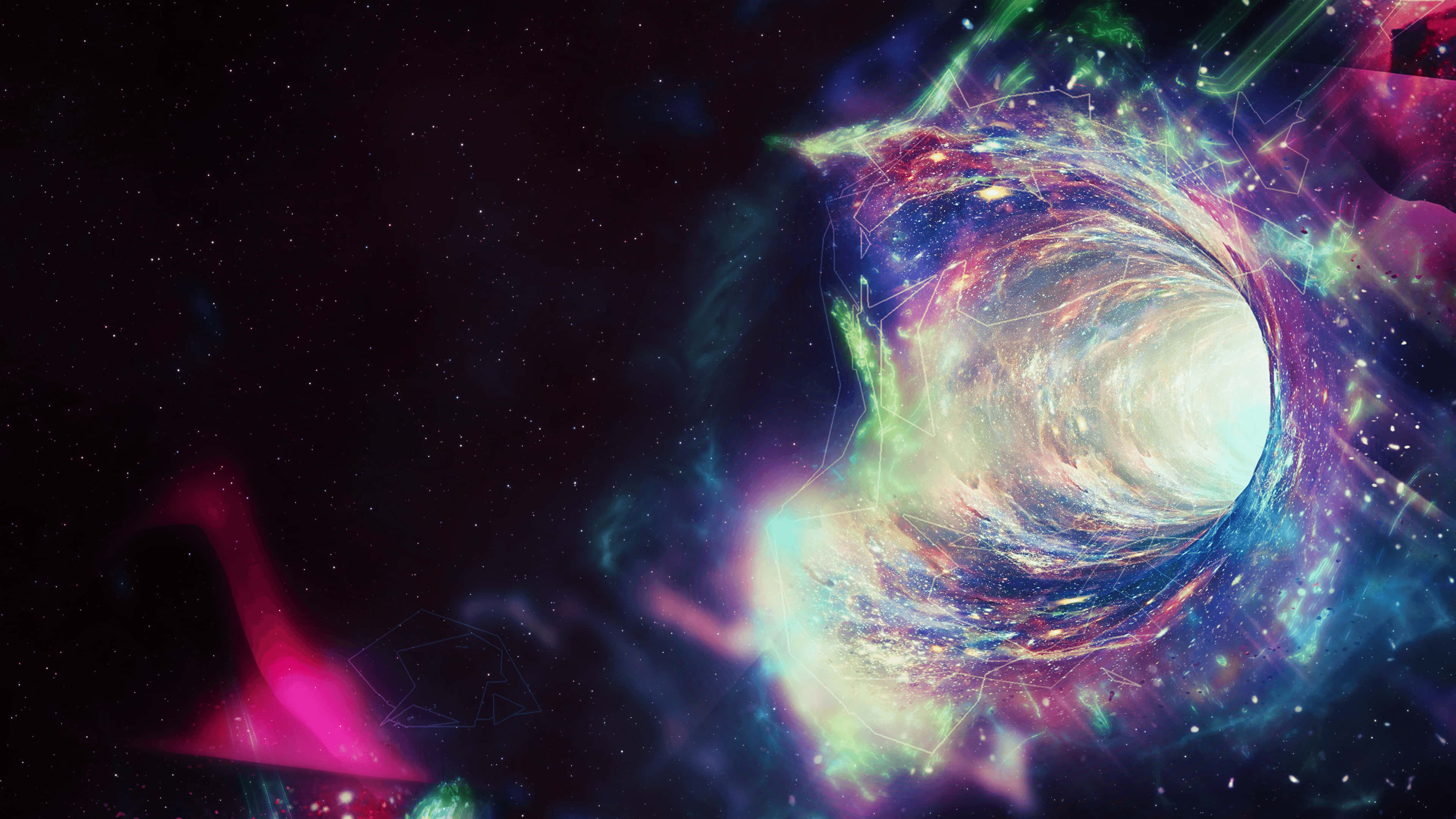 4K 太空 桌布 壁紙 — 一個由霓虹星雲和發光粒子組成的旋轉宇宙隧道，螺旋穿過星空虛空。