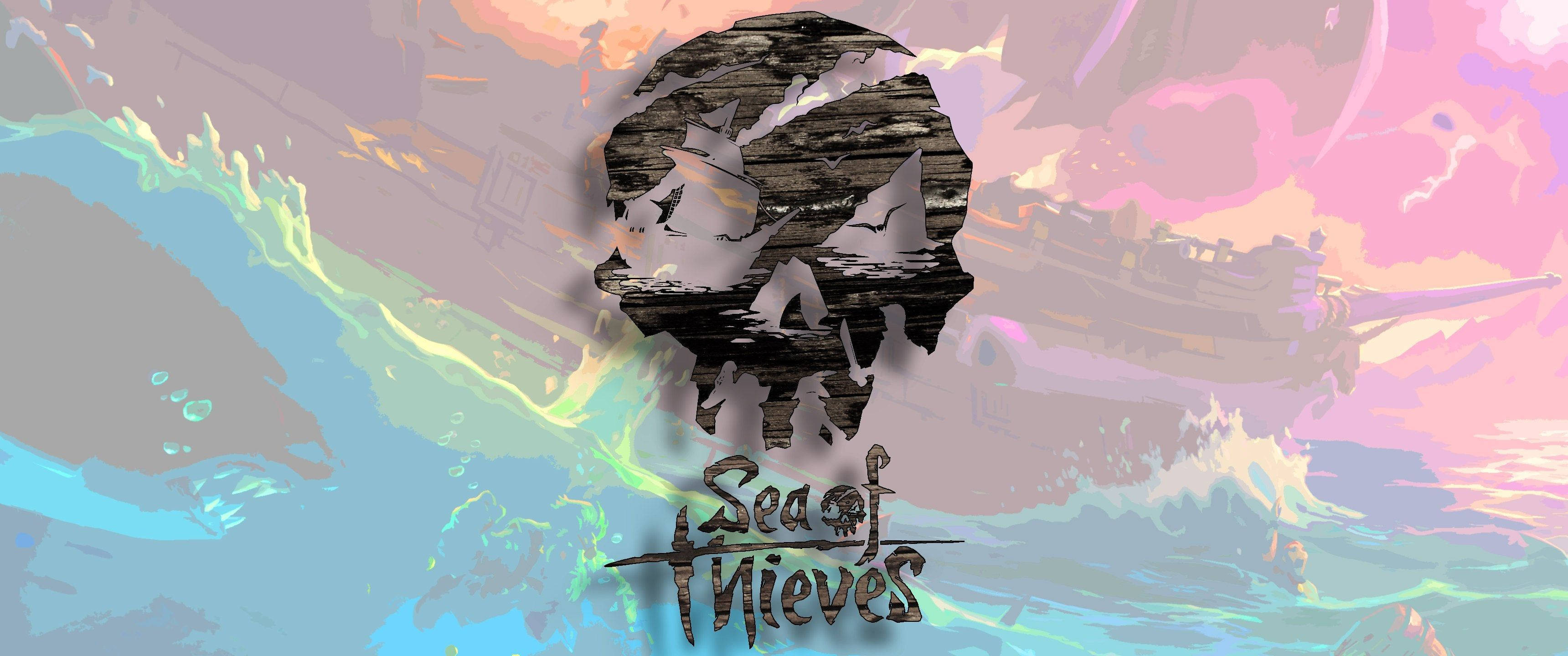 Sea Of Thieves 桌布 壁紙 — 一個由風化木材製成的風格化頭骨，在粉彩天空下，漂浮在洶湧的海浪之上，遠處有一艘船。