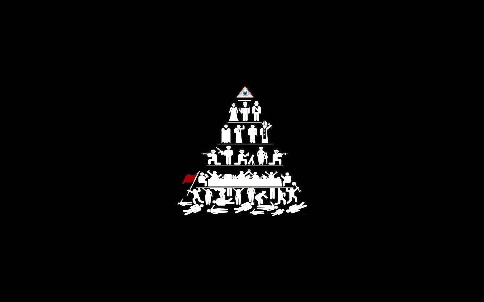 illuminati 桌布 壁紙 — 一個由風格化人形組成的白色金字塔，頂端有全視之眼，背景為黑色。