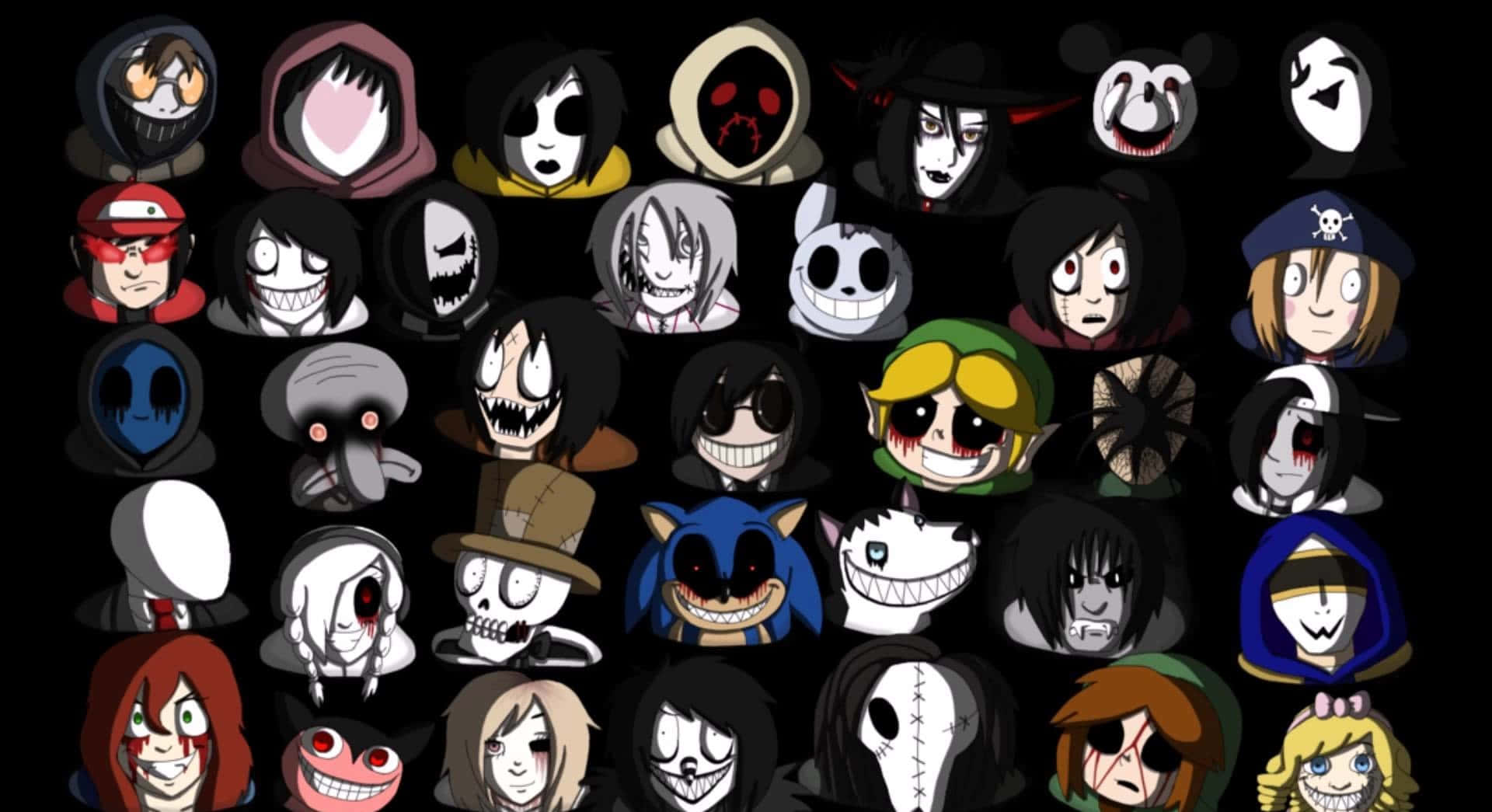 Creepypasta 桌布 壁紙 — 一個由風格化卡通角色組成的網格，角色表情誇張，主題黑暗，背景為黑色。