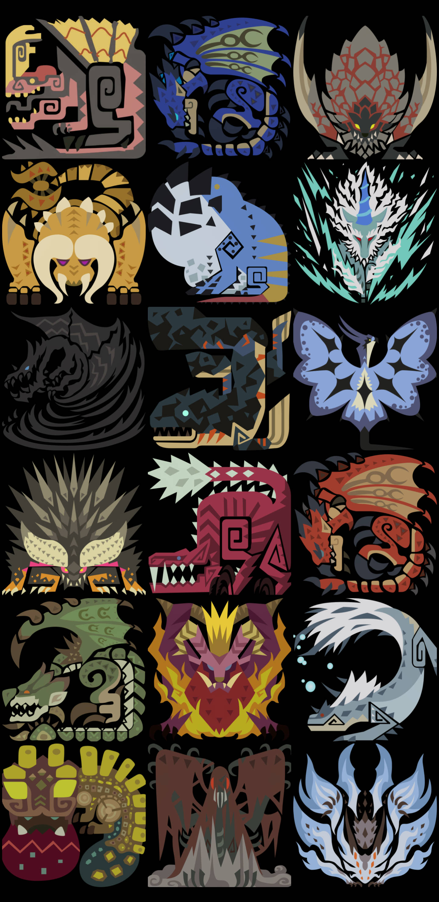 monster hunter iPhone 桌布 壁紙 — 一個由風格化怪物頭部組成的網格，帶有部落圖案和鮮豔色彩，背景為黑色。