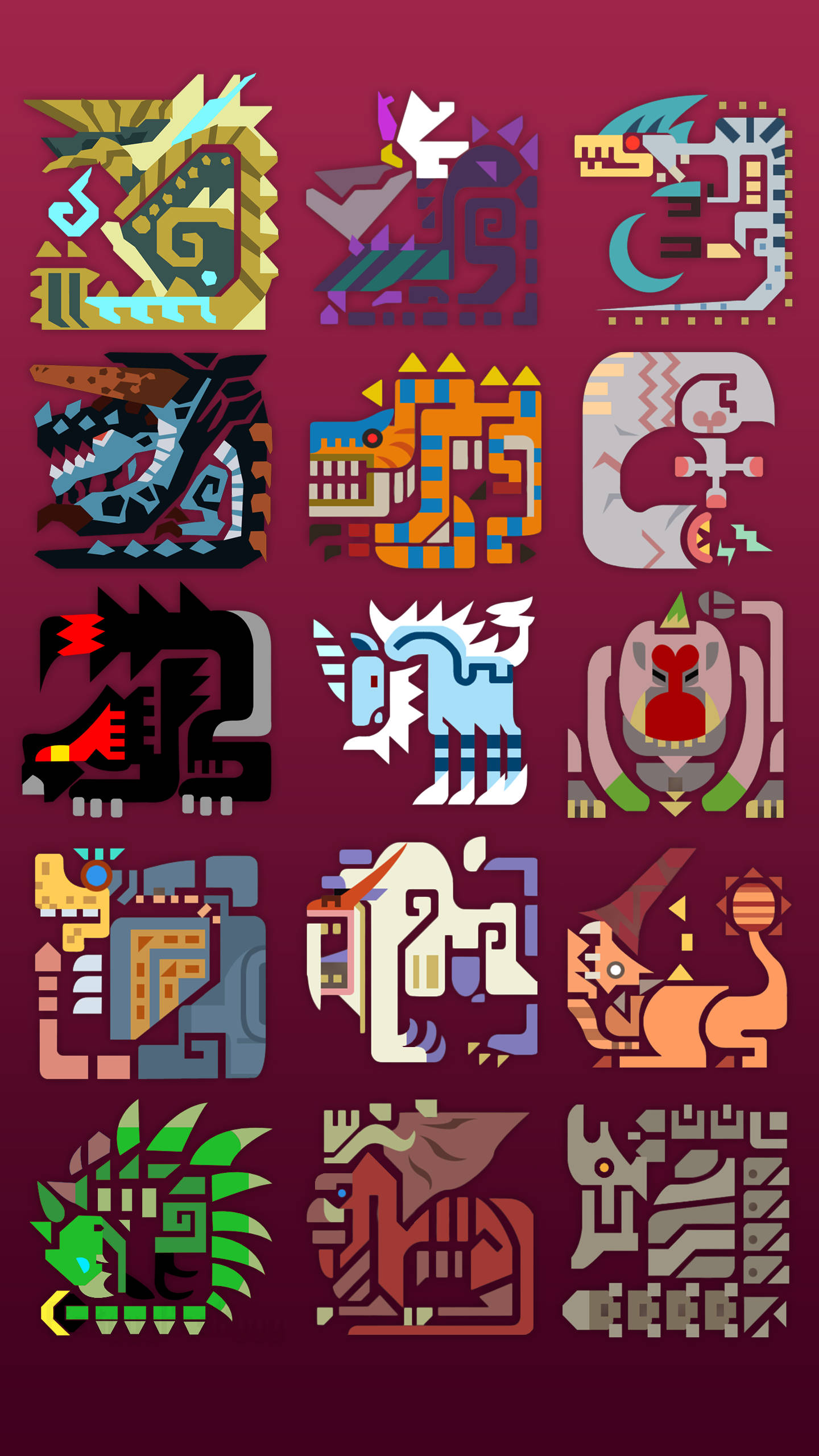 monster hunter iPhone 桌布 壁紙 — 一個由風格化的神話生物組成的網格，帶有幾何圖案和鮮豔色彩，背景為深酒紅色。