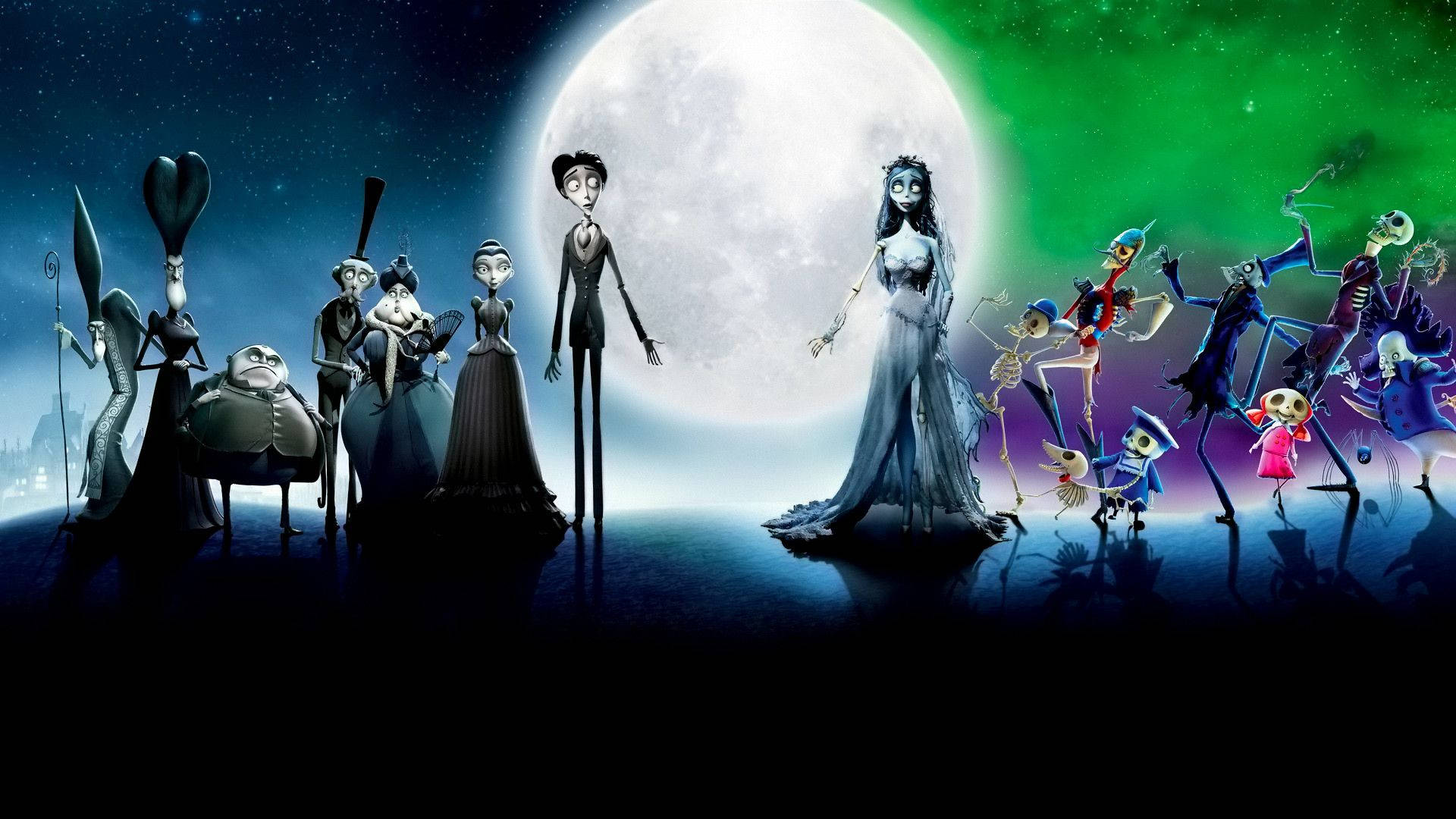 tim burton movies 桌布 壁紙 — 一個由骷髏和哥德式角色組成的詭異動畫合奏，站在閃爍的滿月前，背景是繁星點點的綠色天空。