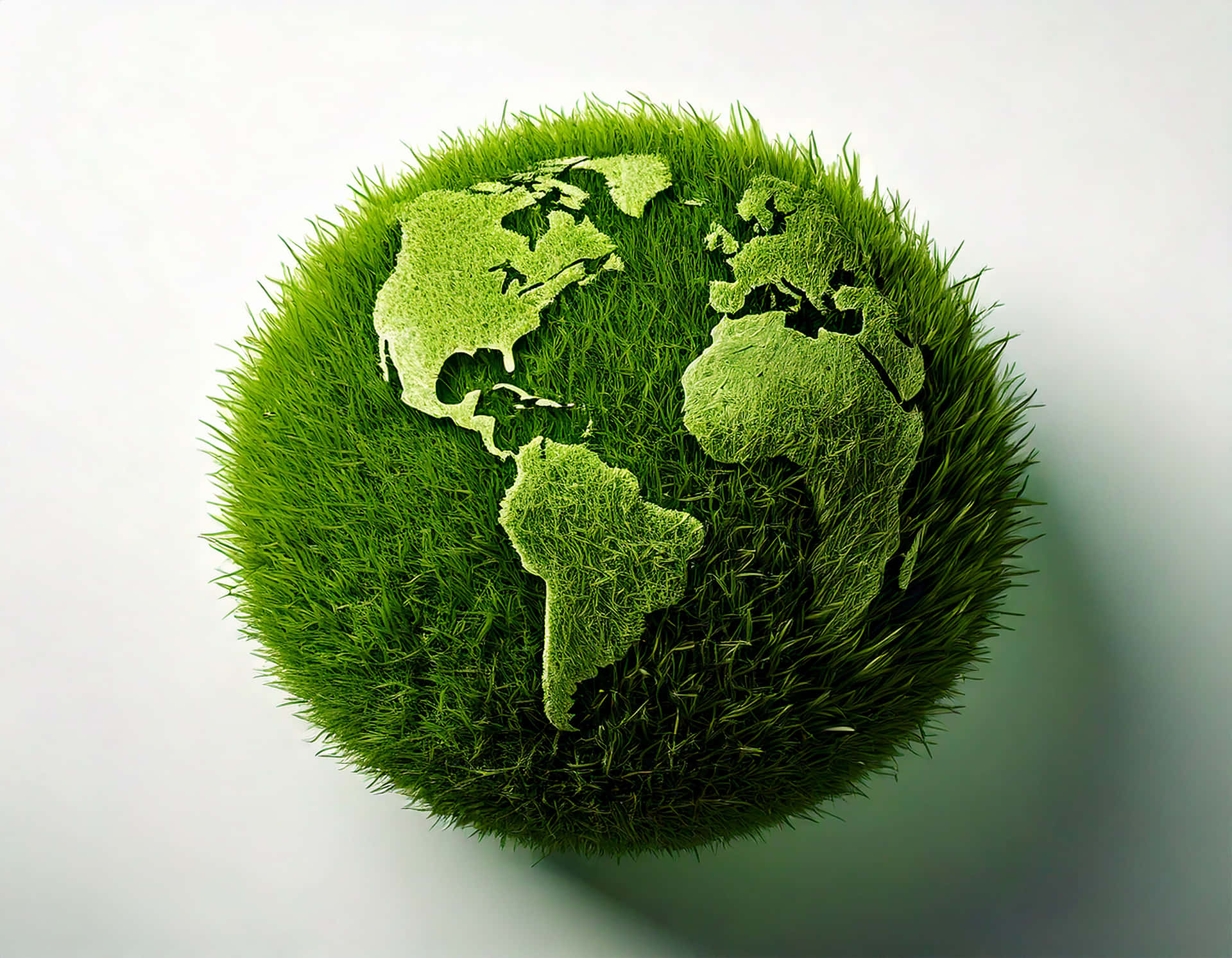 Globe 壁紙 — 一個由鮮綠色草製成的地球儀，大陸以淺綠色蝕刻在潔淨的白色背景上。