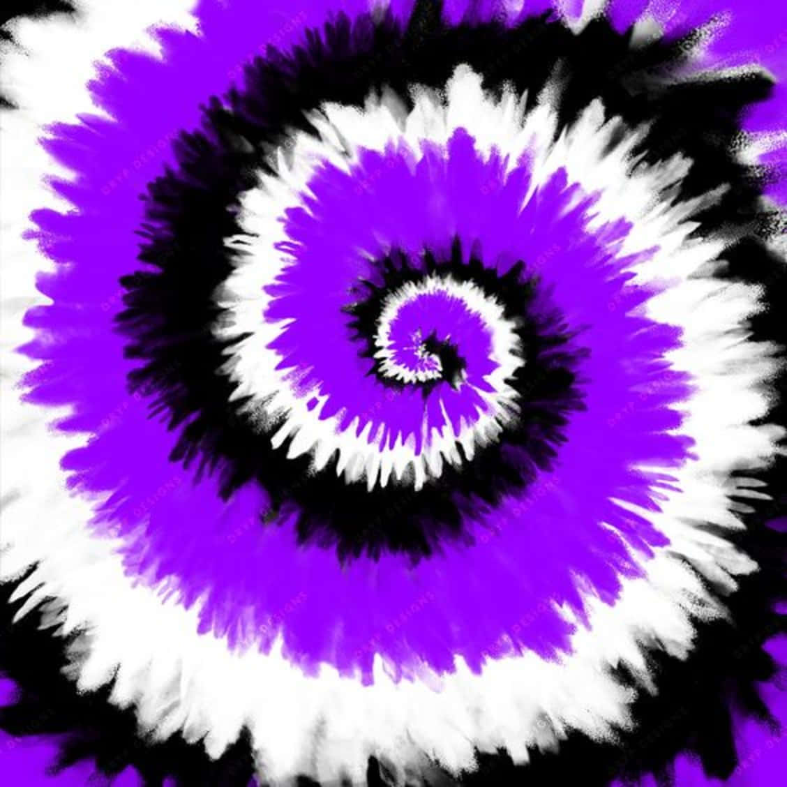 Purple Tie Dye 桌布 壁紙 — 一個由鮮豔紫色、黑色和白色組成的催眠螺旋，以大膽的紮染圖案向外輻射。