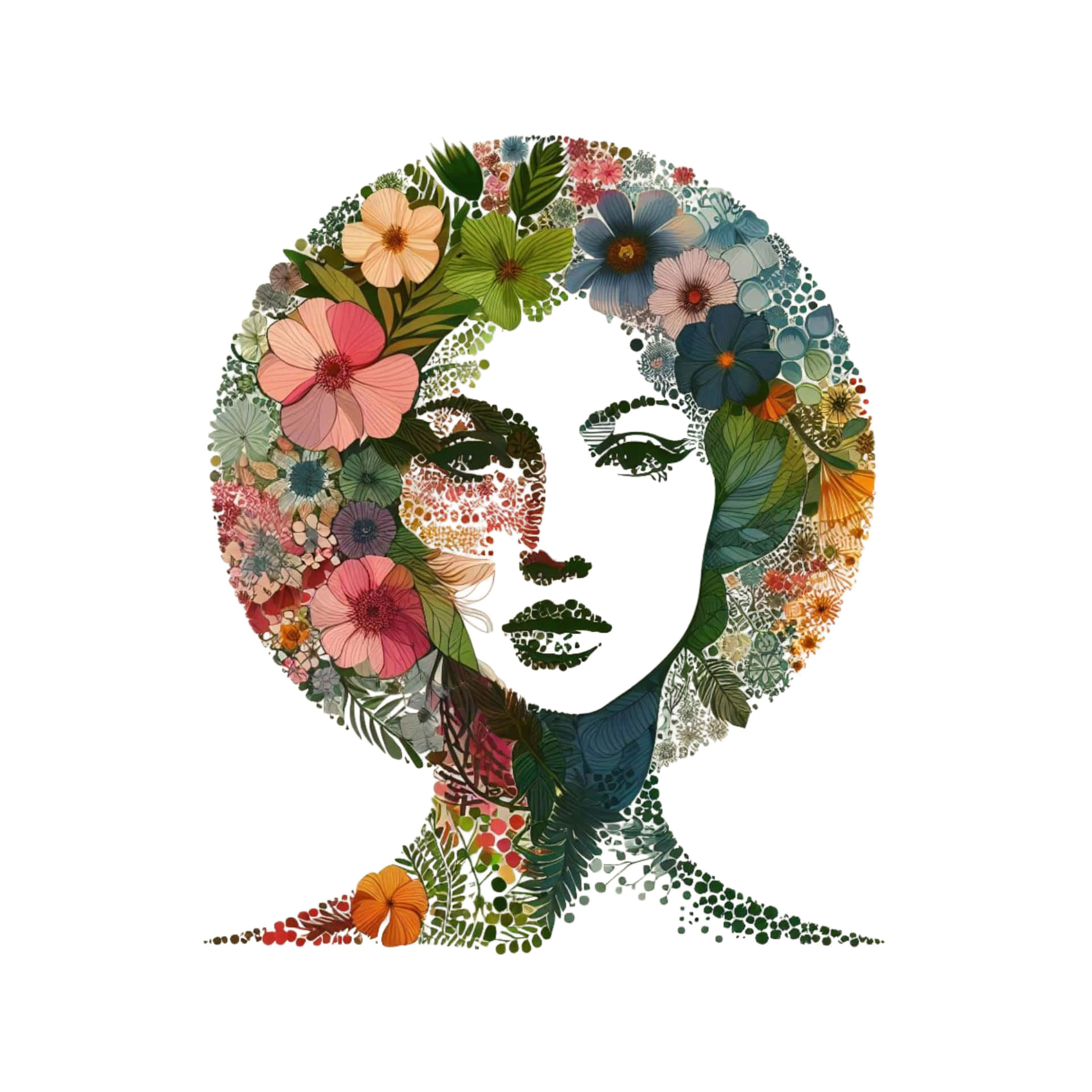 Flourishing Mind_ The Beauty of Nature and Femininity 壁紙 — 一個由鮮豔花朵和葉子組成的風格化女性面孔，背景為白色。