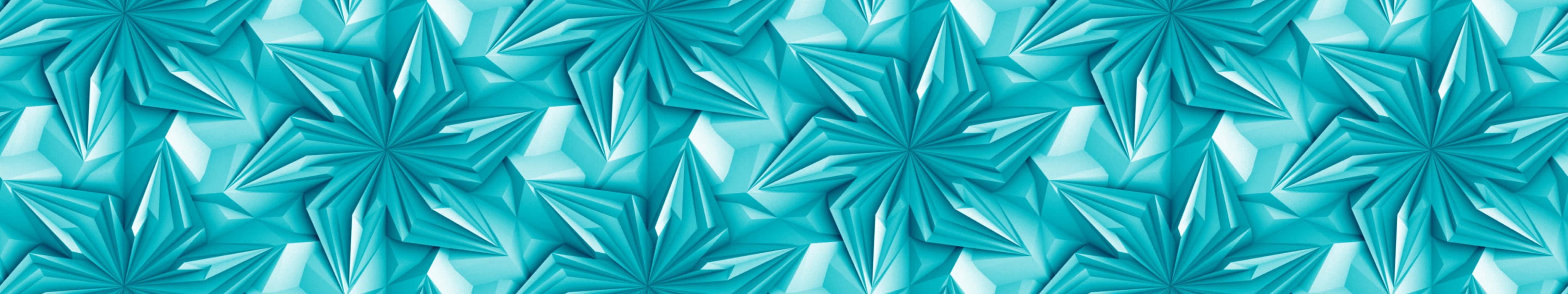 5760x1080 桌布 壁紙 — 一個由鮮豔藍綠色和白色組成的幾何星爆形狀無縫圖案，帶有銳利的折疊邊緣。