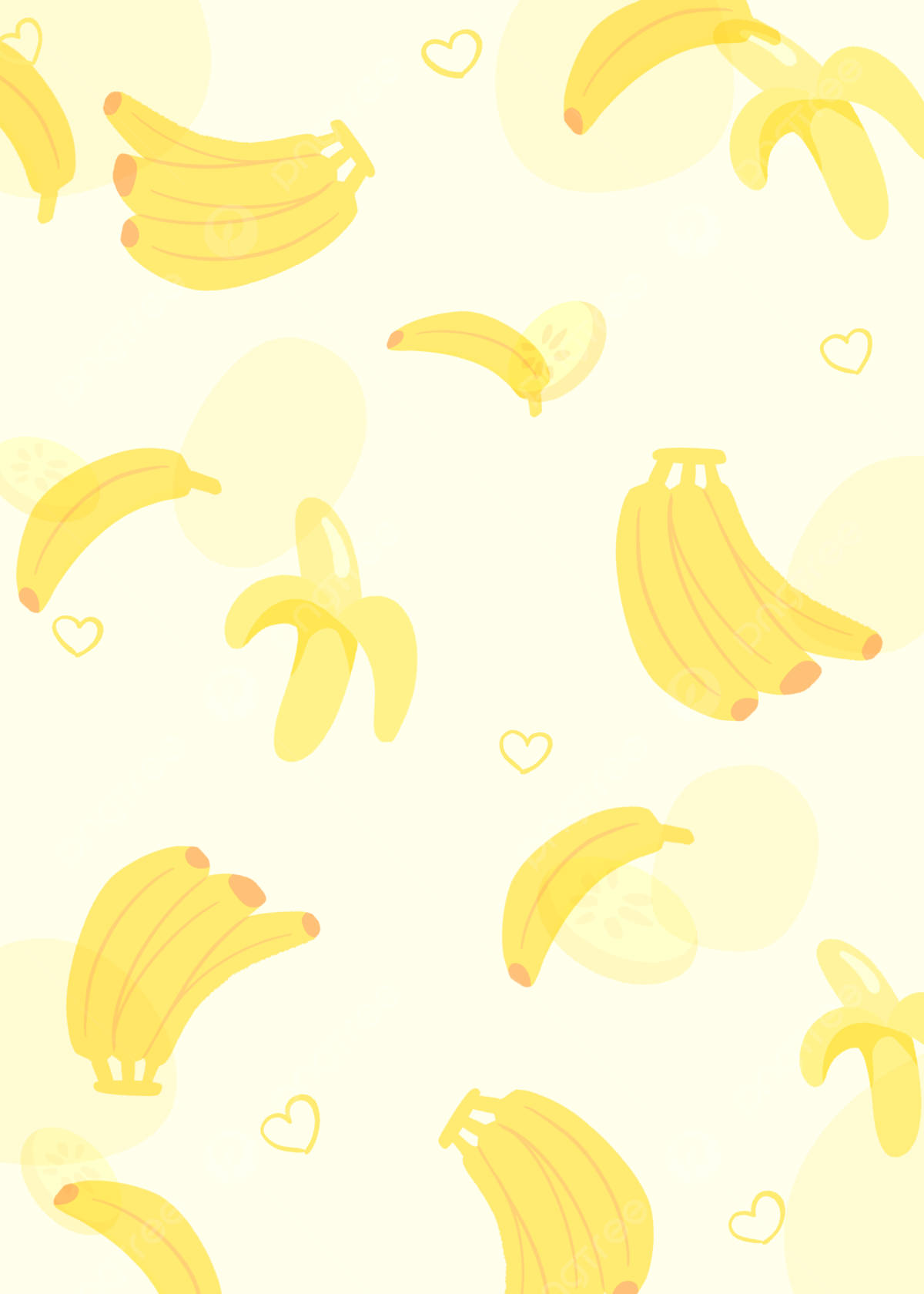 Plantain 桌布 壁紙 — 一個由黃色香蕉和心形組成的歡樂圖案漂浮在柔和的奶油色背景上。