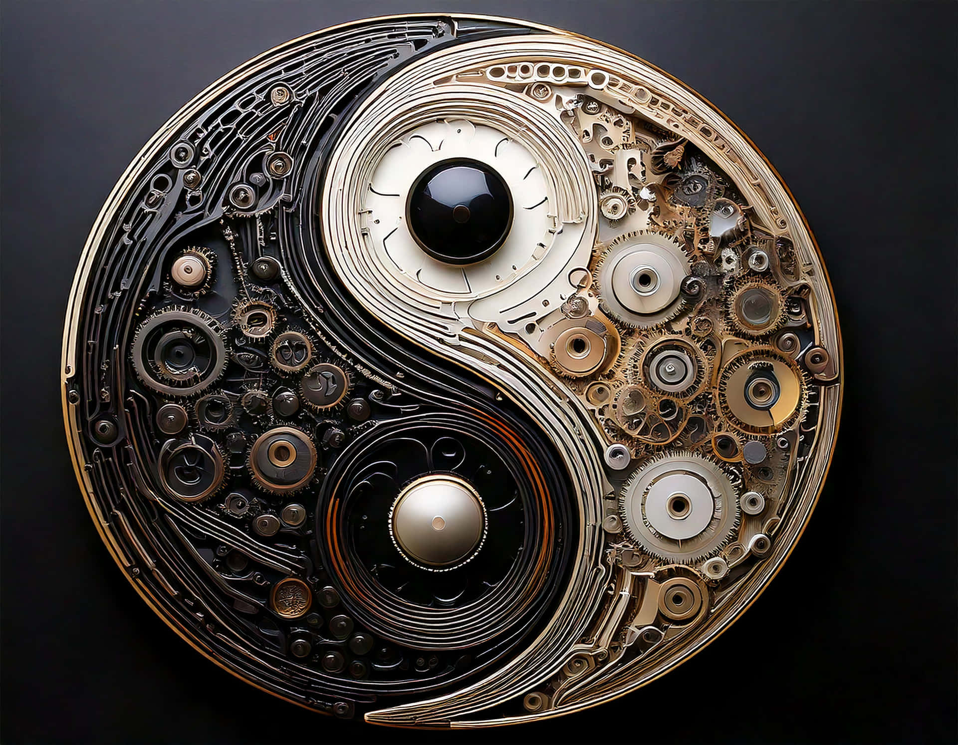 Yin-Yang 壁紙 — 一個由黃銅和黑色齒輪交錯組成的陰陽符號，背景為深色。