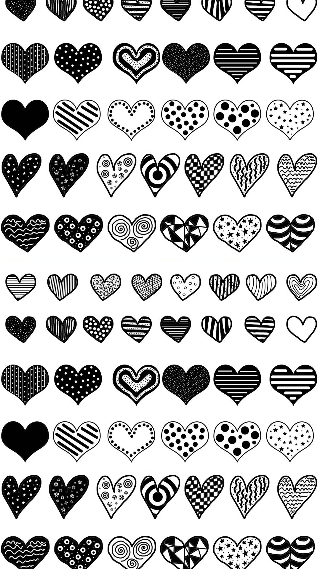 Heart 桌布 壁紙 — 一個由黑白心形組成的網格，充滿了各種圖案，如條紋、圓點、漩渦和格子。