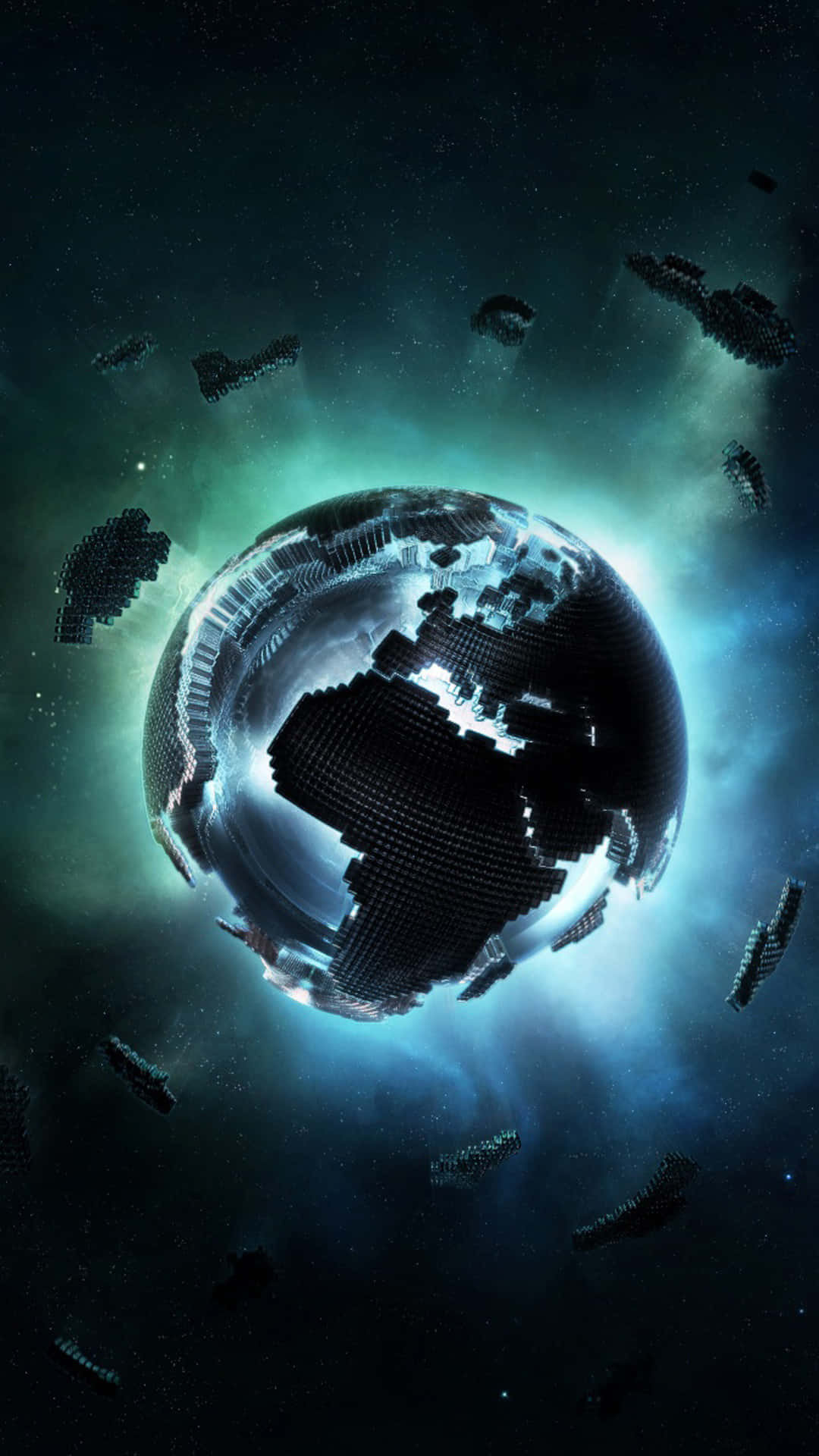3d Earth 桌布 壁紙 — 一個由黑色像素方塊組成的數位地球儀漂浮在發光的宇宙星雲中，周圍有漂浮的碎片。