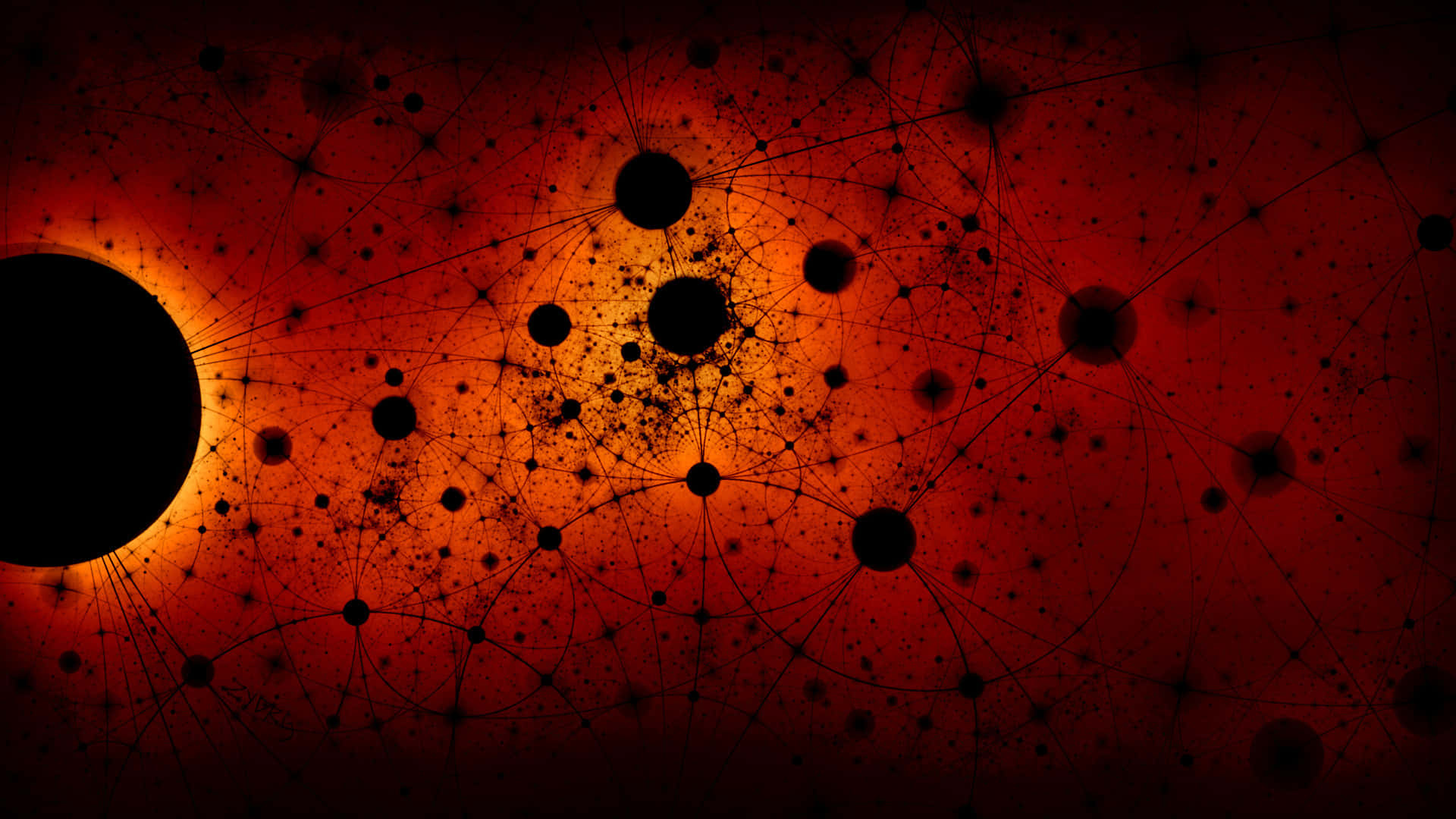 Circle 桌布 壁紙 — 一個由黑色節點和發光橙色線條組成的宇宙網絡，從一個黑暗的球體向火紅色的背景輻射。