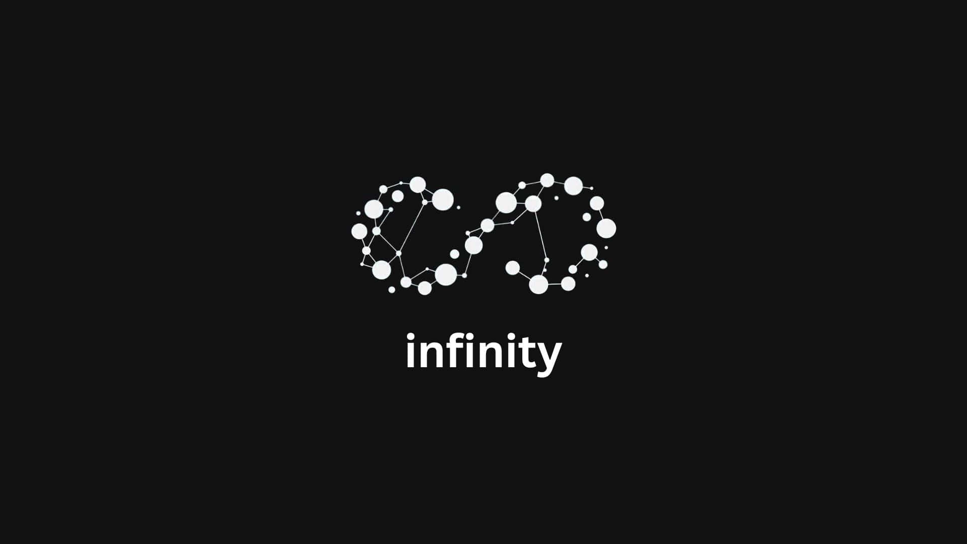 Dark Infinity 桌布 壁紙 — 一個由點和線組成的極簡白色無限符號，居中於黑色背景上，下方有無限一詞。