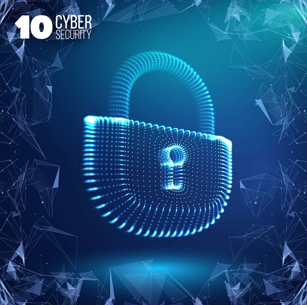 Cybersecurity 桌布 壁紙 — 一個由點和線組成的發光藍色數位掛鎖，漂浮在帶有抽象幾何形狀的深藍色背景上。