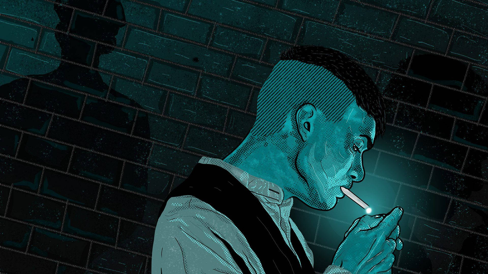 男人在青色燈光下於磚牆前點煙 — Peaky Blinders 壁紙