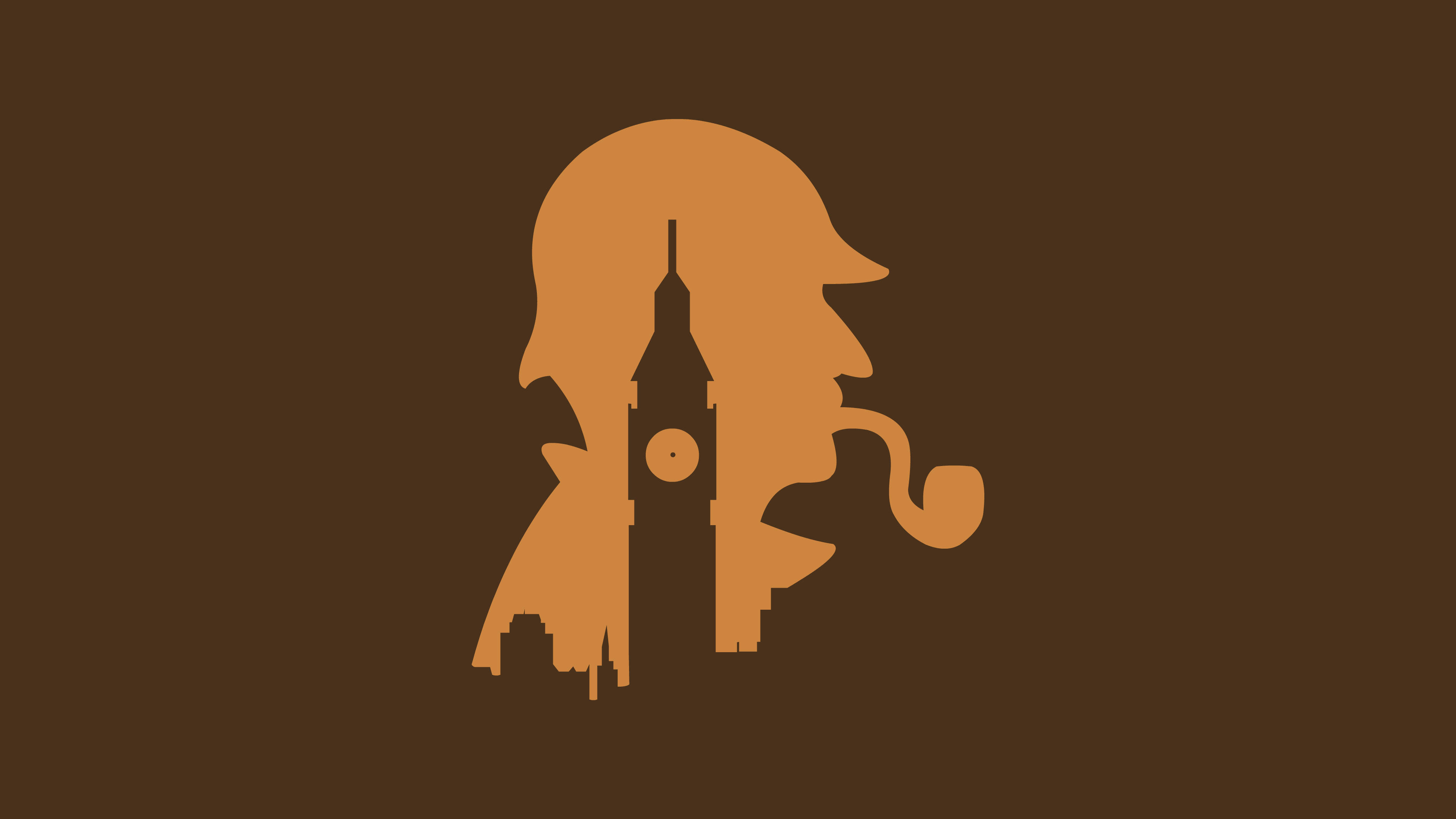 Sherlock Holmes 桌布 壁紙 — 一個男人側面抽煙斗的極簡剪影，由包括鐘樓在內的城市天際線創意地形成。