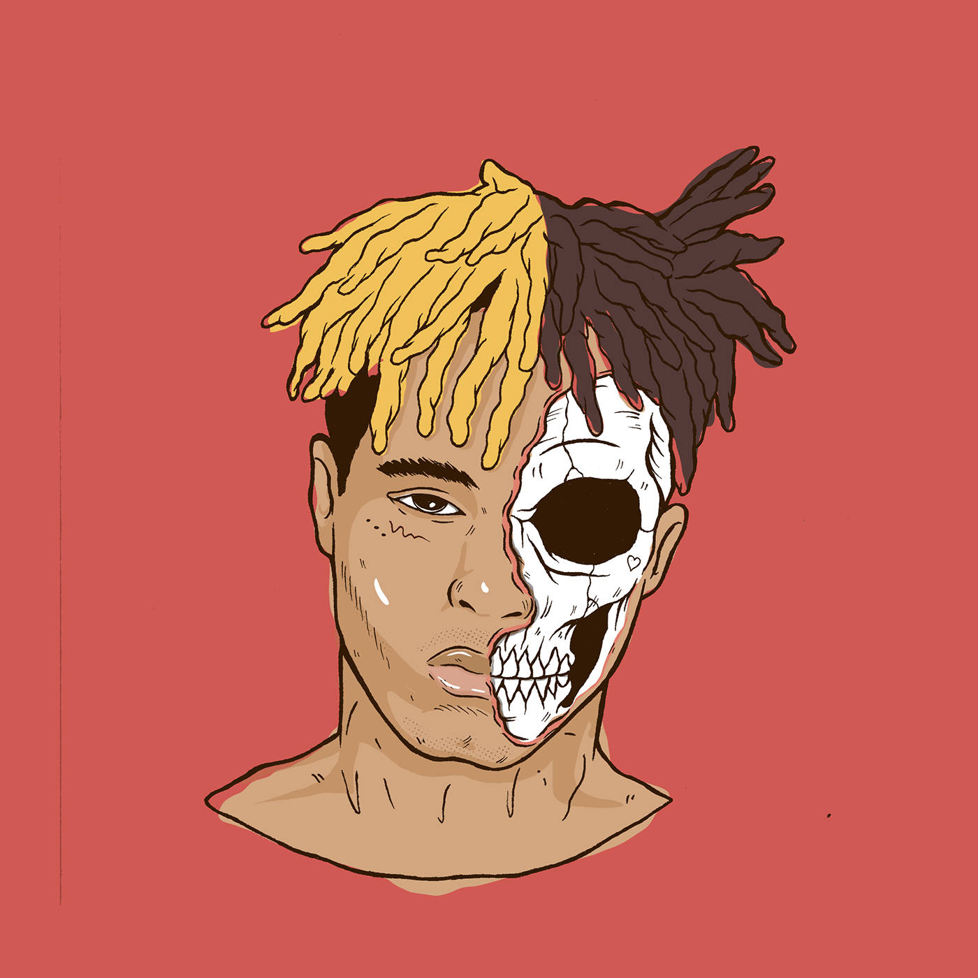 xxxtentacion 動畫 桌布 壁紙 — 一個男人半人半骷髏的分裂臉部插圖，背景為純紅色。
