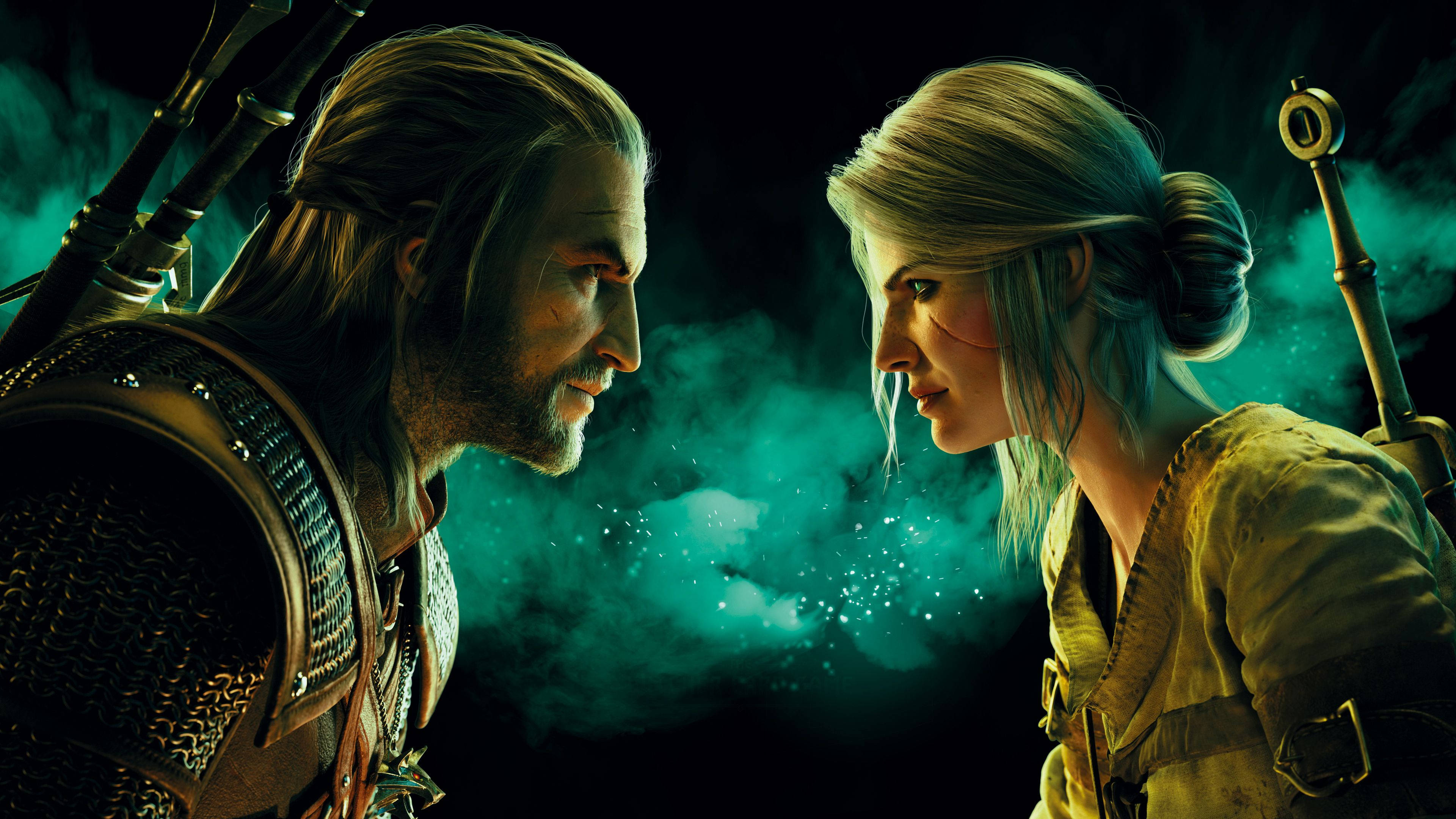 witcher 4K 桌布 壁紙 — 一個男人和一個女人穿著奇幻盔甲，在一個黑暗神秘、帶有發光綠色煙霧的場景中面對面。