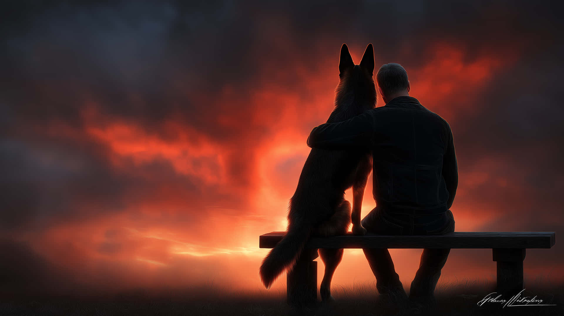 Loyal Companion: Man and Dog Silhouetted at Sunset 壁紙 — 一個男人和他的德國牧羊犬並排坐在長椅上，在熾熱的橙色和紅色日落天空的映襯下形成剪影。