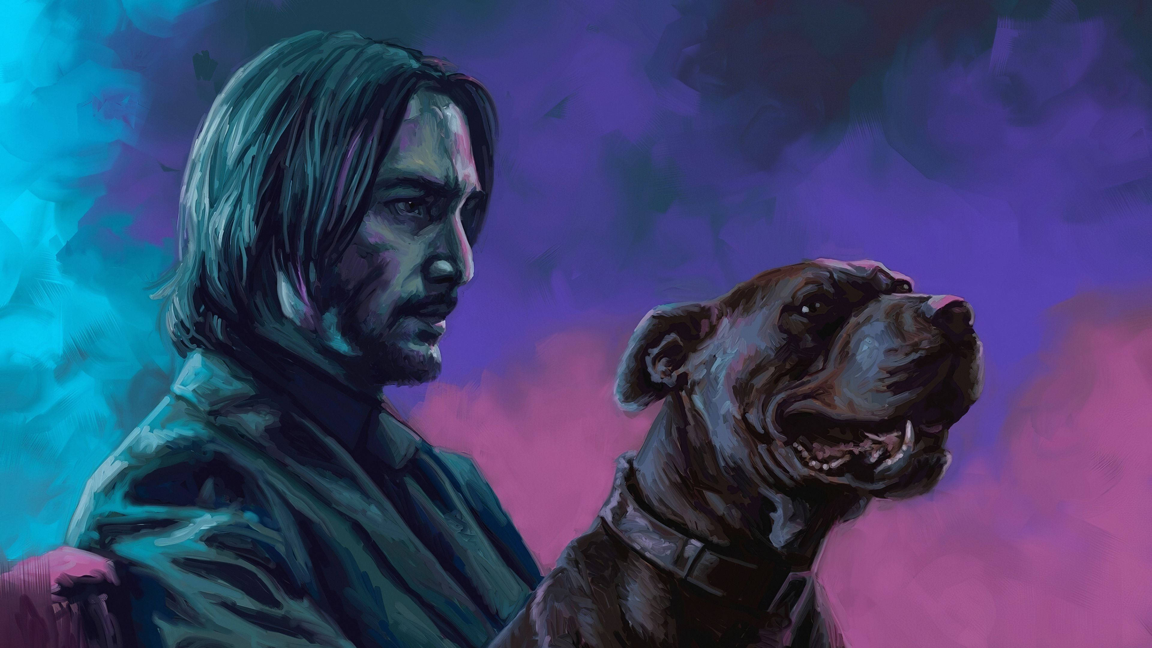 Dog Art 桌布 壁紙 — 一個男人和他的狗並肩而坐，背景是充滿活力的青綠色和紫色繪製的天空。