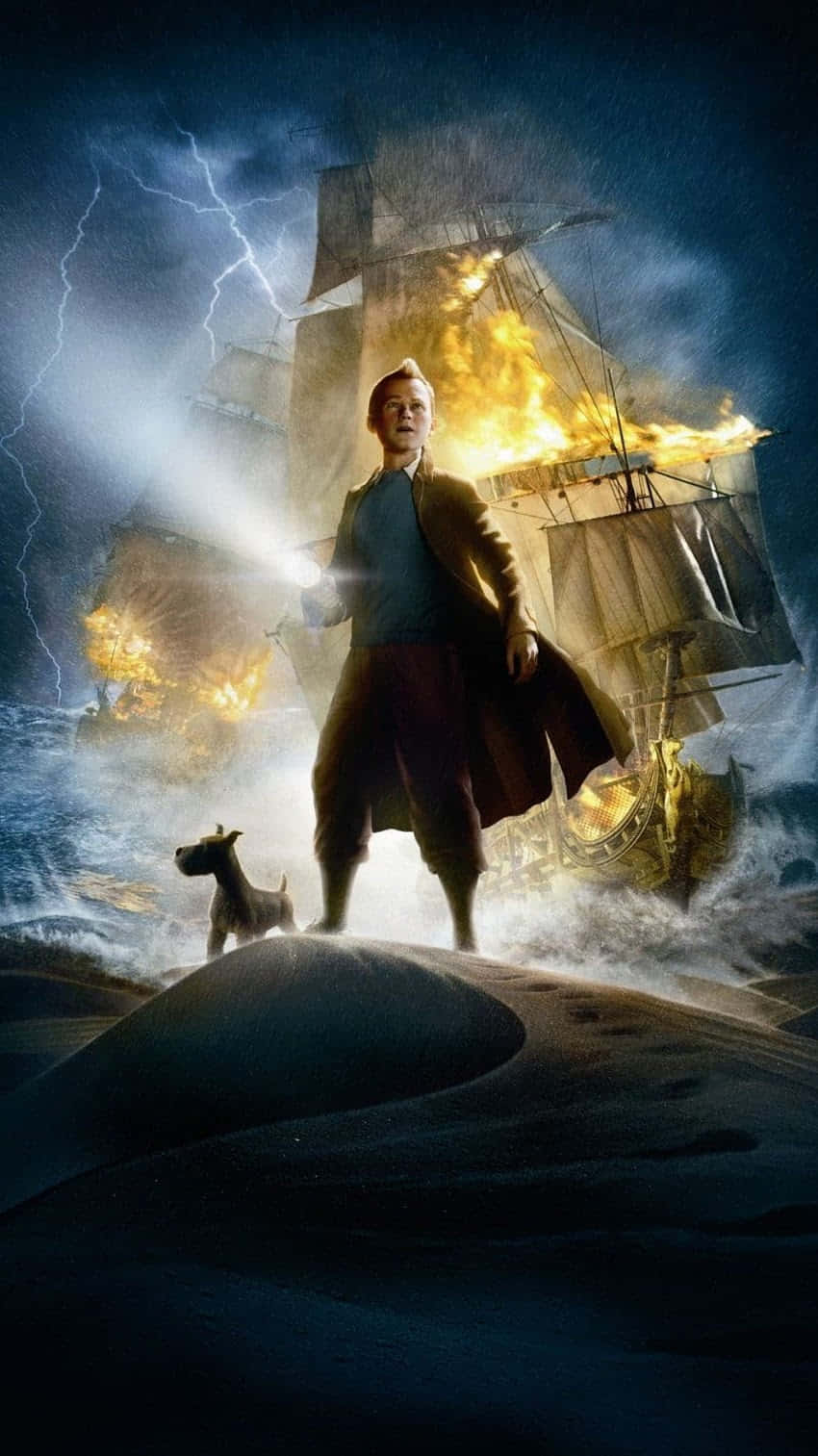 Film 桌布 壁紙 — 一個男人和他的狗站在沙丘頂上，一艘燃燒的船在他們身後爆炸，背景是暴風雨的天空和閃電。