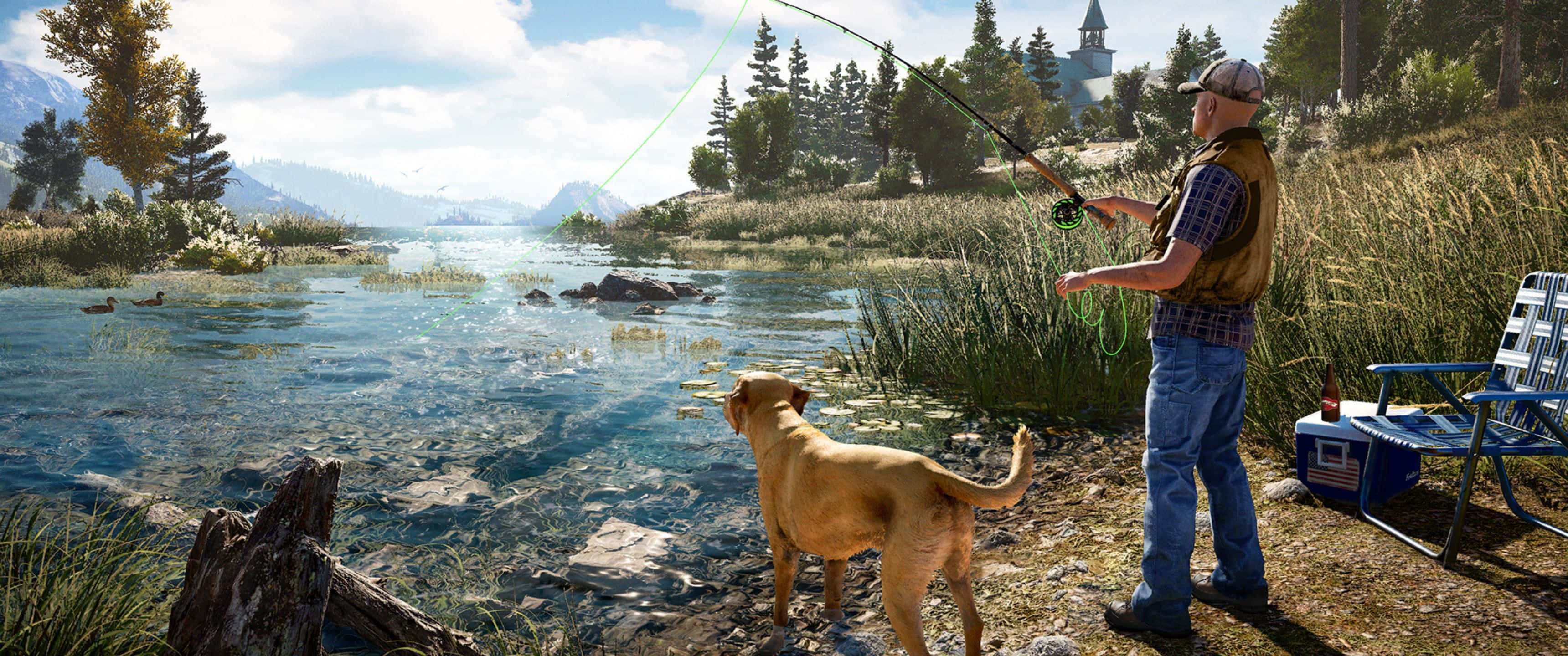 3440x1440p Far Cry 5 桌布 壁紙 — 一個男人和他的黃金獵犬在清澈的山溪邊釣魚，遠處有教堂尖塔，天空明亮。