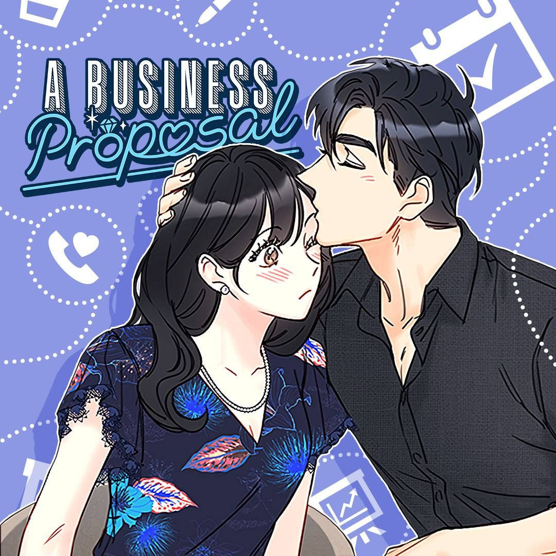 Proposal 桌布 壁紙 — 一個男人在一個充滿商業圖標和文字「A Business Proposal」的藍色背景前，親吻一個臉紅的女人的臉頰。