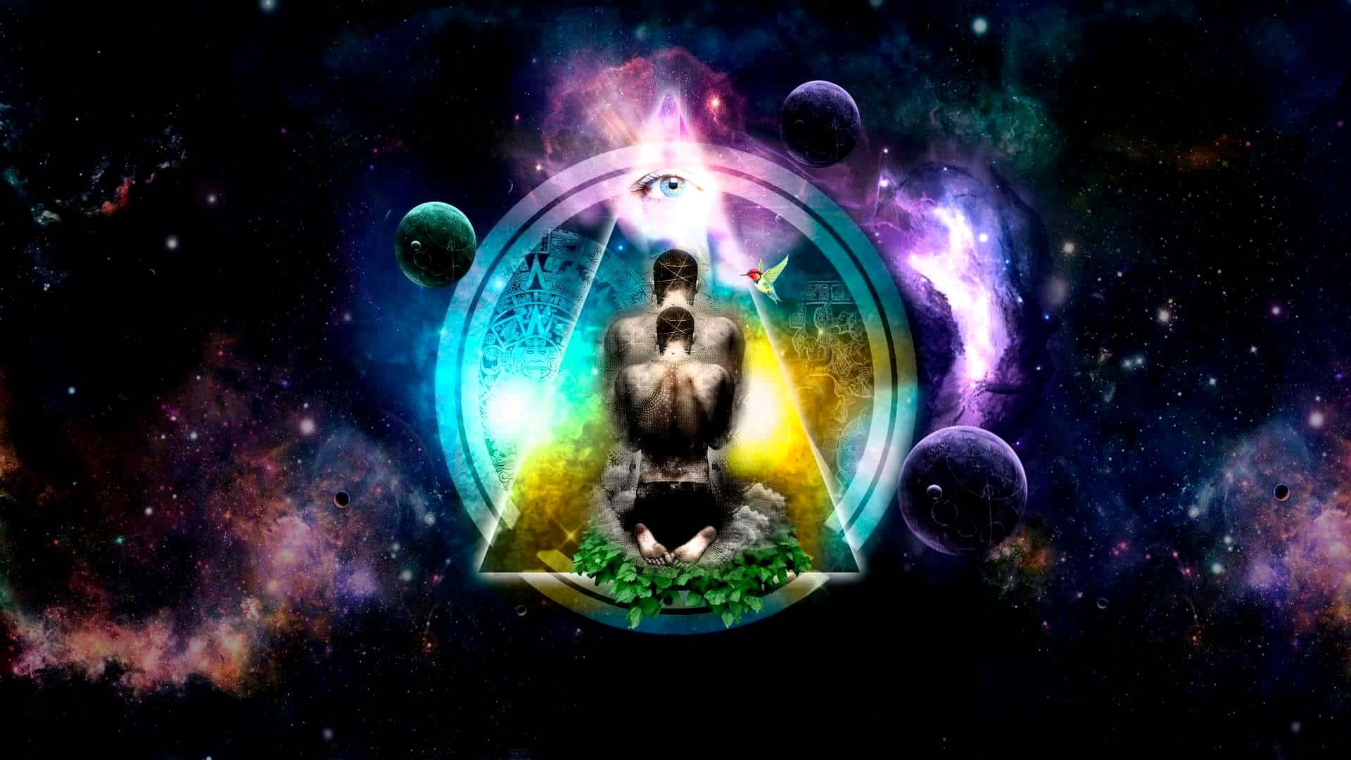 Reiki 桌布 壁紙 — 一個男人在一個發光的三角形中冥想，周圍是行星和宇宙之眼，背景是繁星點點的星雲。