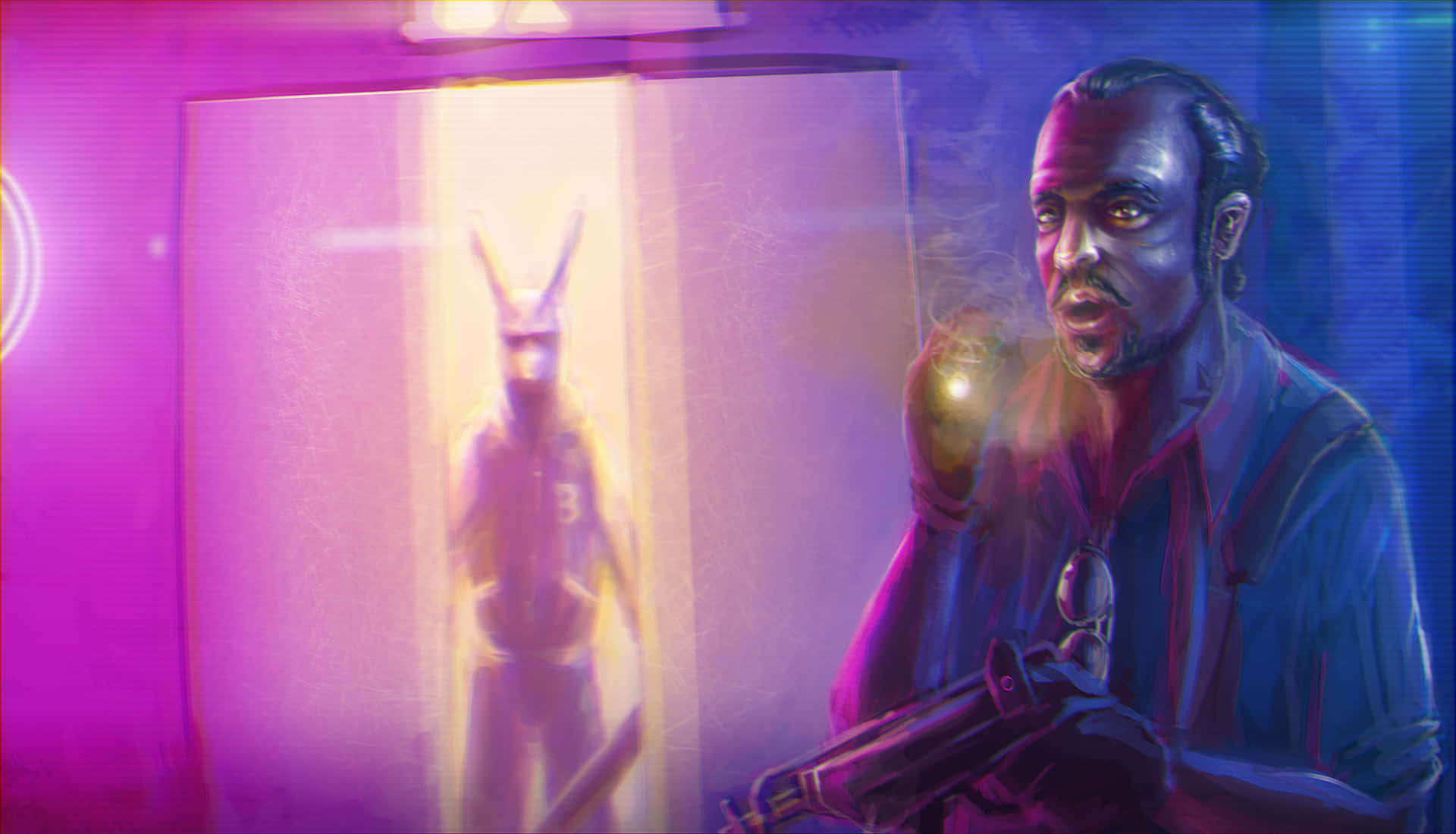 Hotline Miami 桌布 壁紙 — 一個男人在昏暗的房間裡抽煙，手持武器，身後有一個發光的兔頭人物。