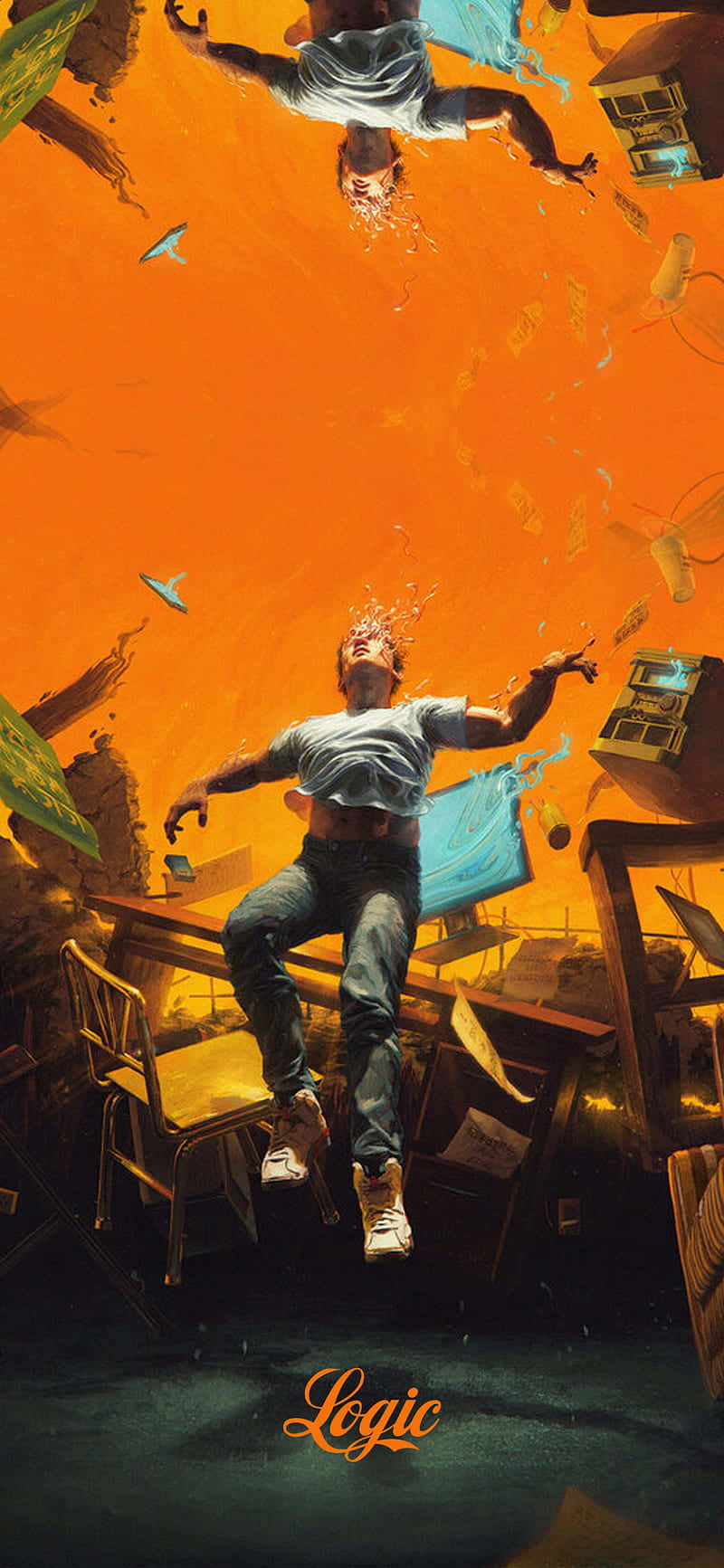 Hip Hop Album Covers 桌布 壁紙 — 一個男人在橙色虛空中倒立漂浮，周圍漂浮著家具和碎片。