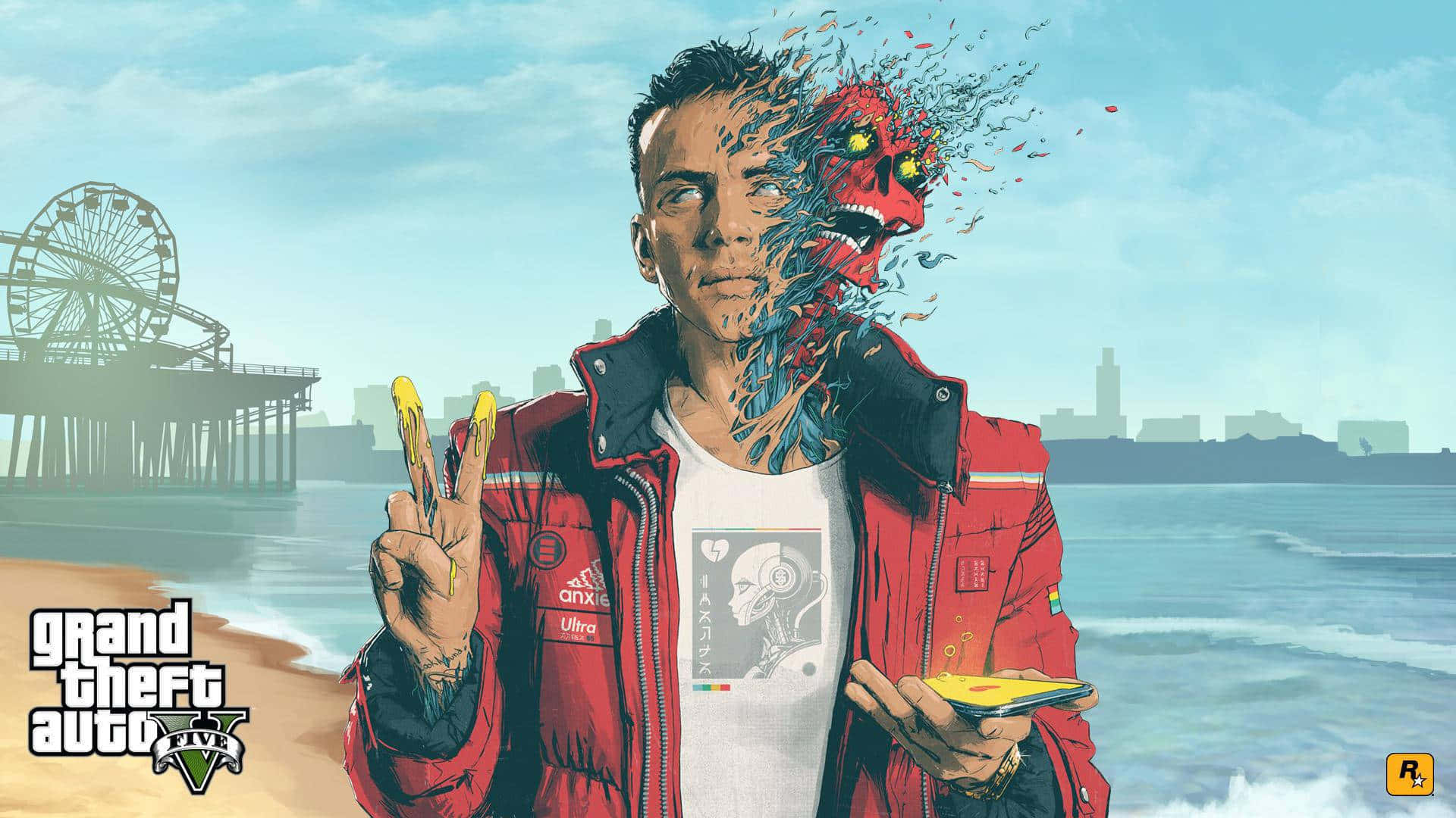 背景 桌布 壁紙 — 一個男人在海灘上，半邊臉正在溶解成紅色惡魔粒子，同時拿著三明治和做出和平手勢。