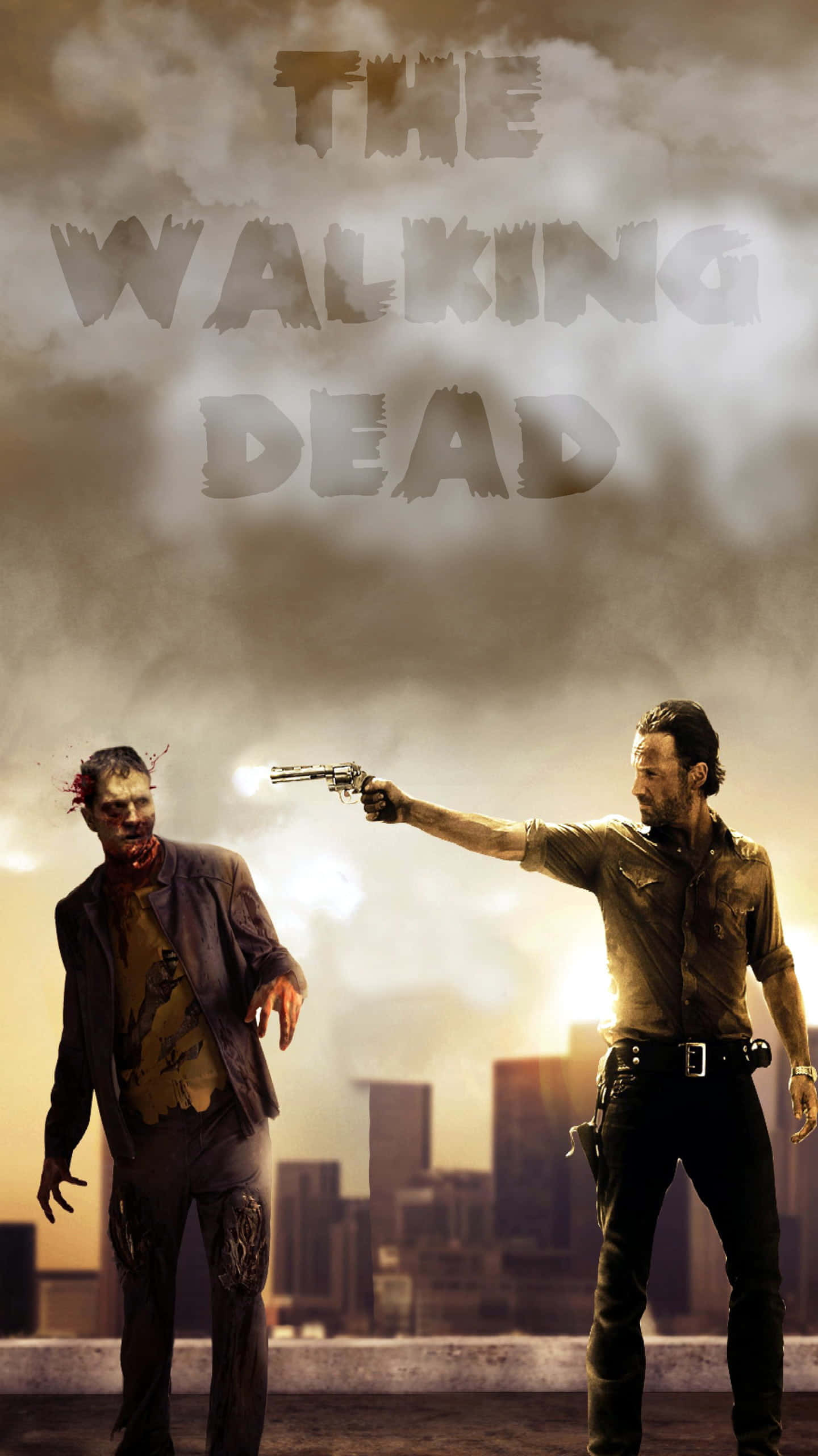The Walking Dead iPhone 桌布 壁紙 — 一個男人在煙霧瀰漫的城市天際線背景下，在戲劇性的日落中瞄準一個殭屍。