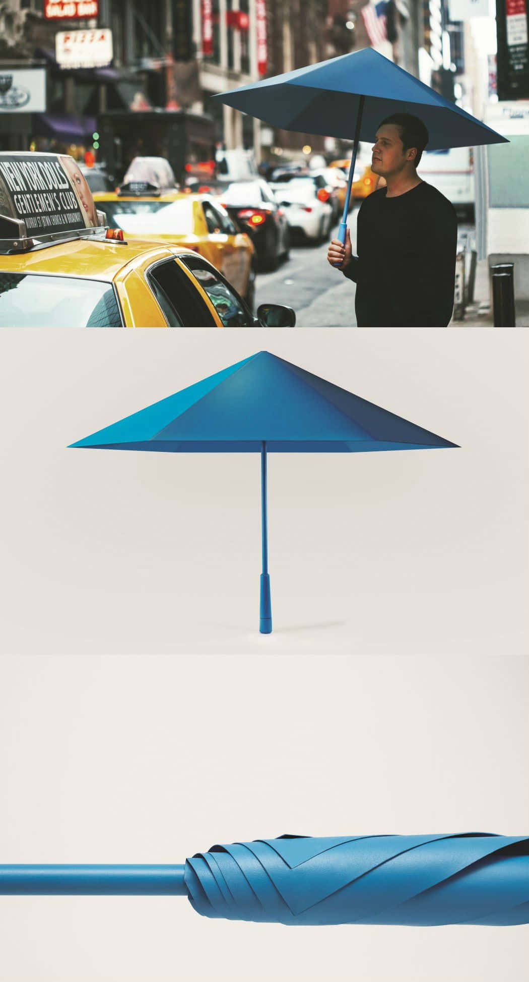 Umbrella 桌布 壁紙 — 一個男人在繁忙的城市街道上，背景有黃色的士和霓虹燈牌，拿著一把時尚的藍色雨傘。