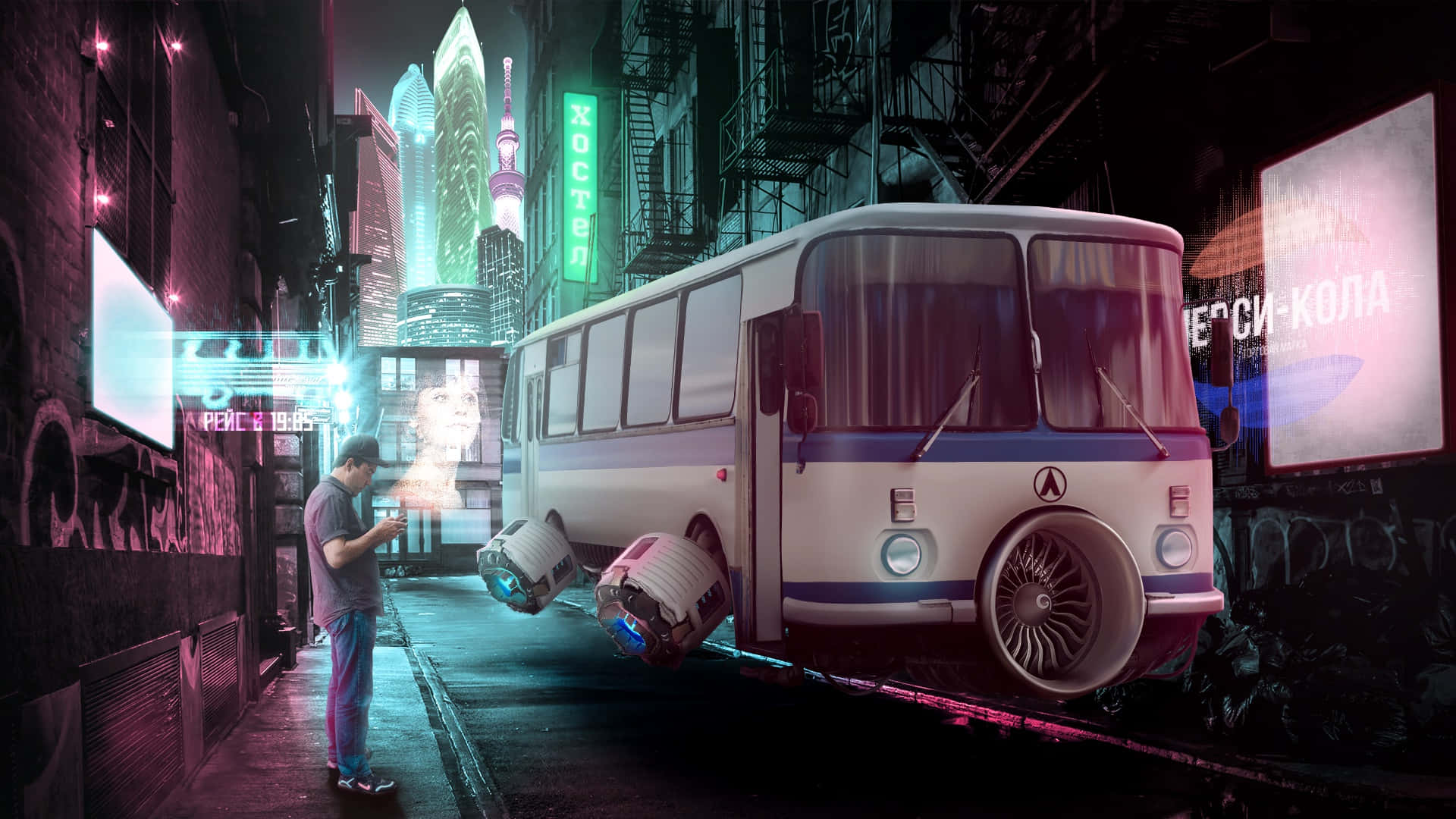 Bus 桌布 壁紙 — 一個男人在霓虹燈照亮的賽博朋克小巷中，看著一輛復古飛天巴士在潮濕的人行道上空懸浮，下方是發光的廣告牌。