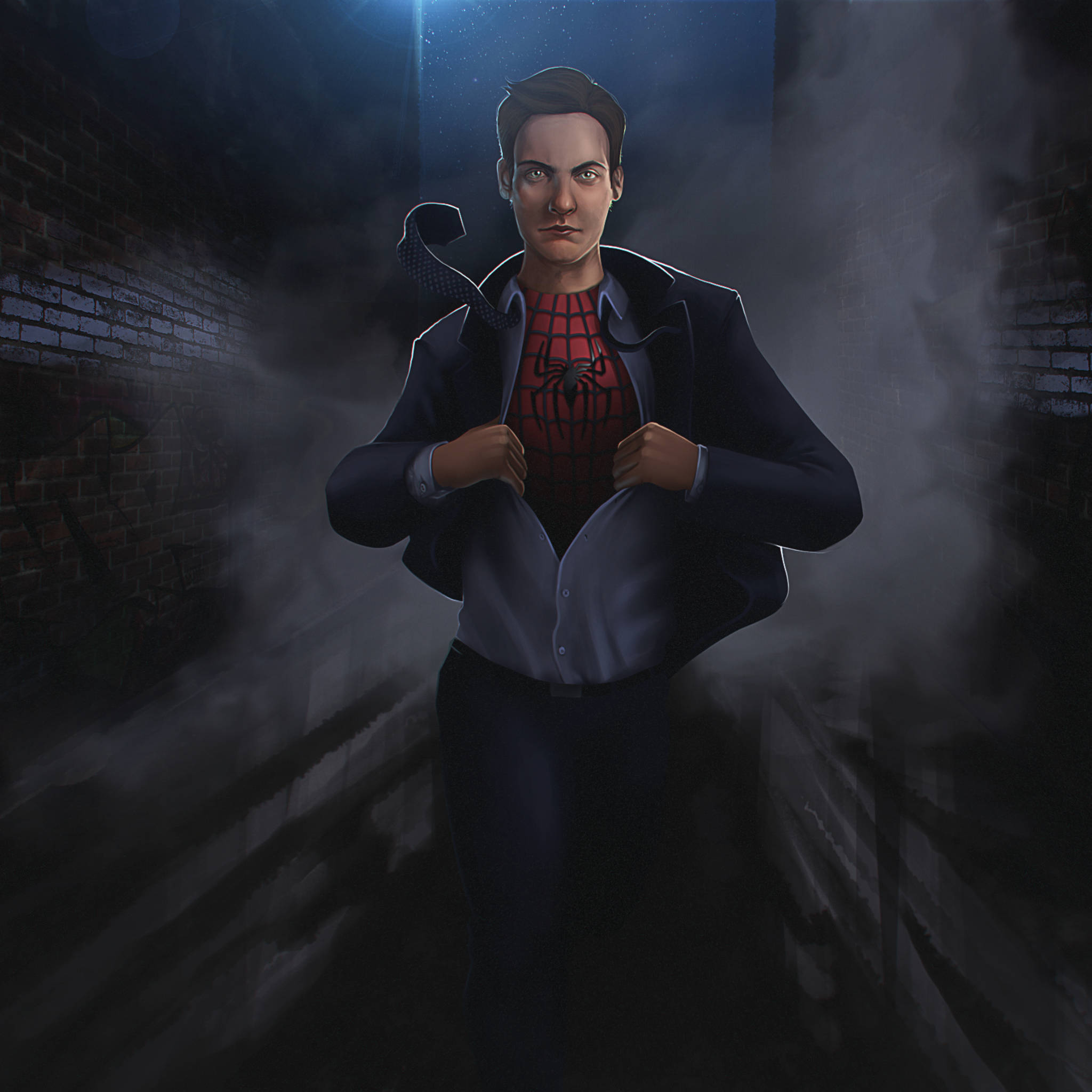 Tobey Maguire 桌布 壁紙 — 一個男人在黑暗的小巷中撕開外套，在戲劇性的藍色燈光下露出紅色蜘蛛服。