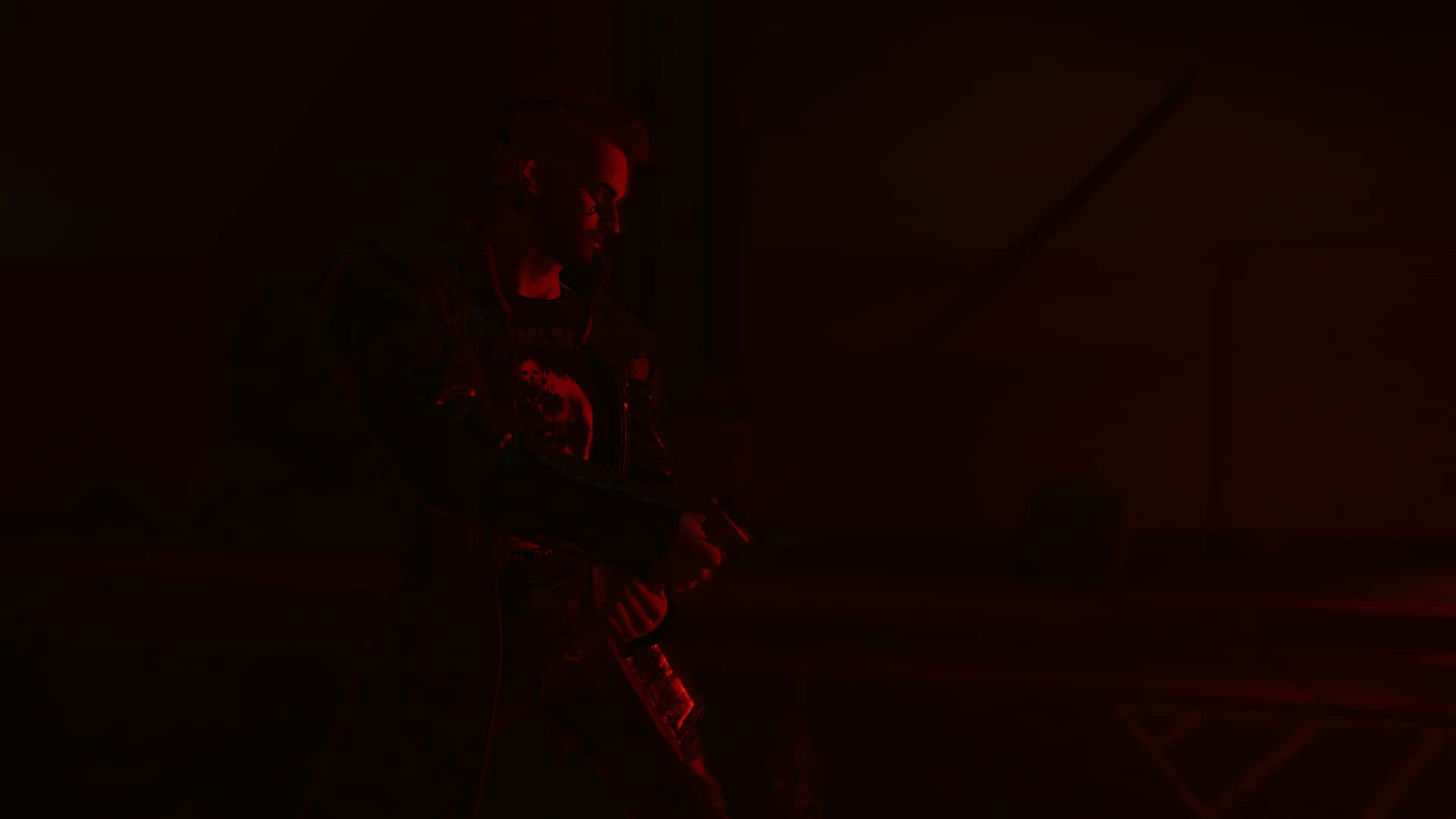 Dark Samurai 桌布 壁紙 — 一個男人在黑暗的房間裡，沐浴在紅光中，專注地握著槍械。