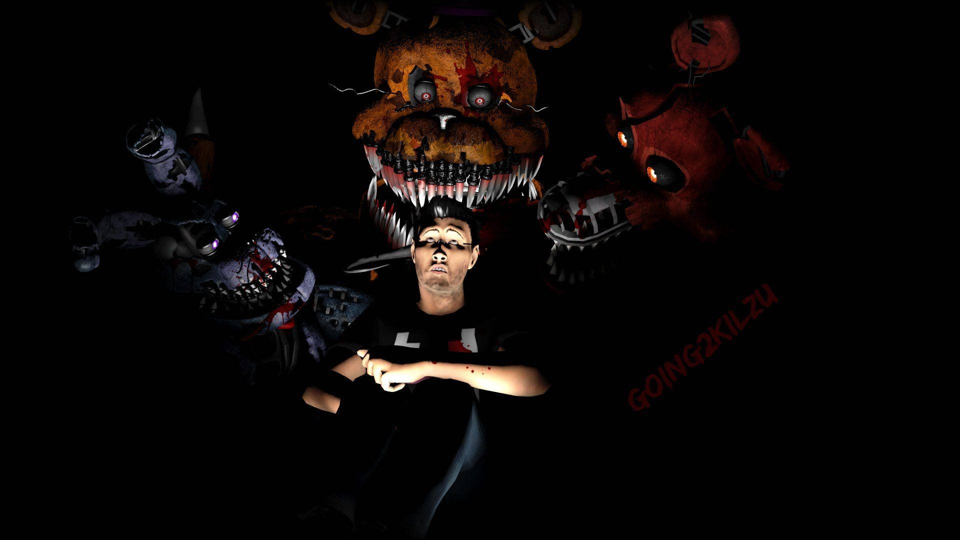Markiplier 桌布 壁紙 — 一個男人在黑暗的房間裡被帶有發光眼睛和尖銳牙齒的威脅性電子動畫角色包圍。