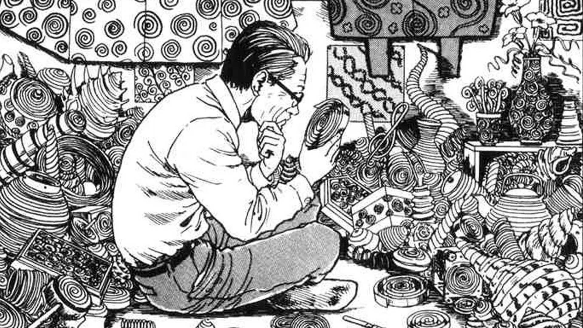 男人在混亂的插圖房間中被旋轉的螺旋圖案包圍。 — 詭異的GIF 壁紙