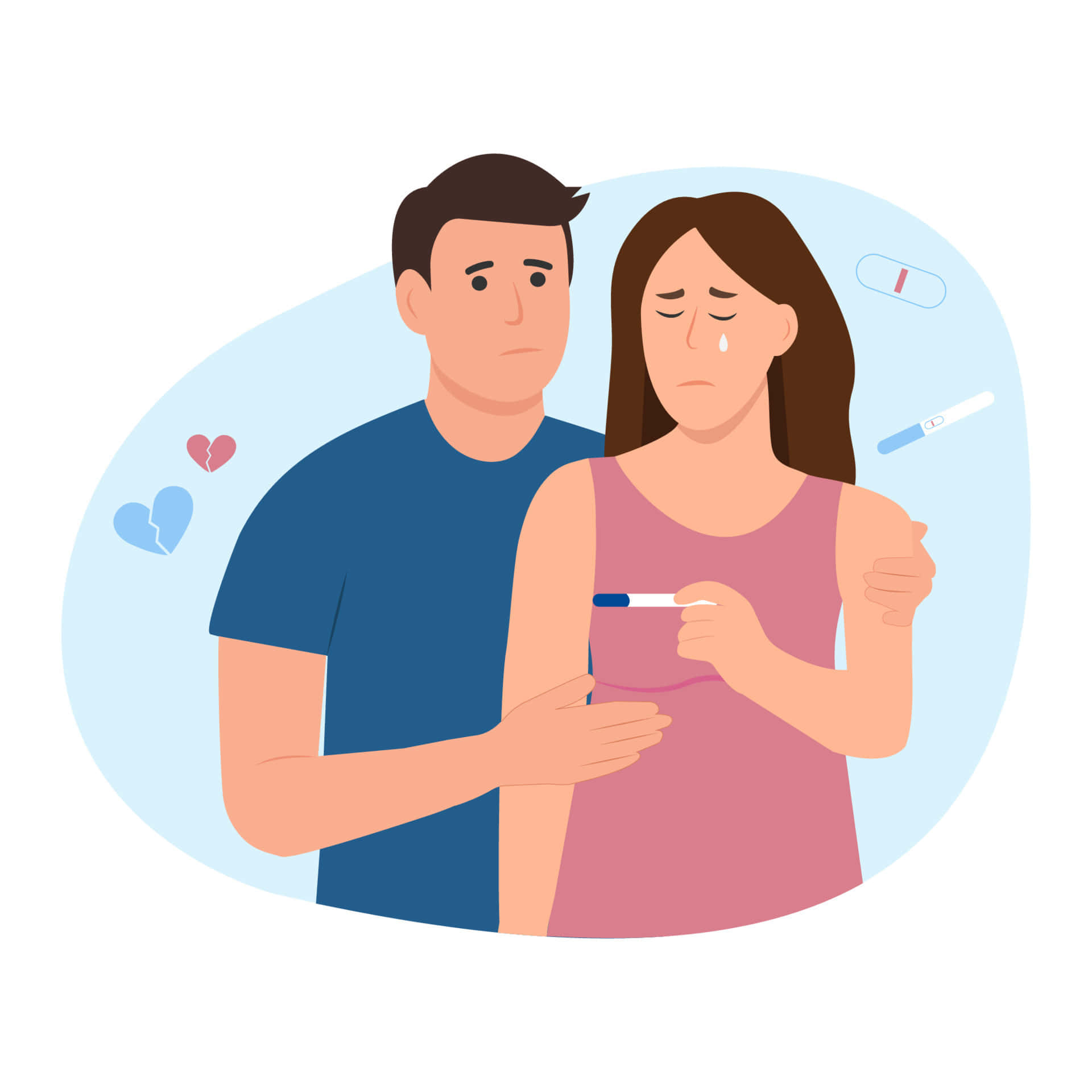 Sad Couple 桌布 壁紙 — 一個男人安慰一個拿著懷孕測試的哭泣女人，附近漂浮著破碎的心。