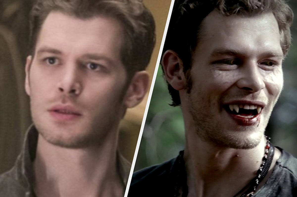 Vampire Diaries 桌布 壁紙 — 一個男人對比表情的分割畫面：左邊冷靜嚴肅，右邊吸血鬼咧嘴露出尖牙。