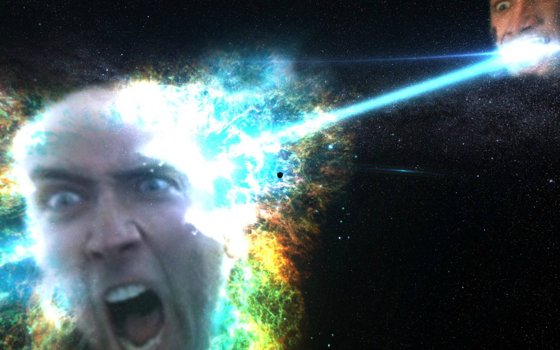 nicolas cage meme 桌布 壁紙 — 一個男人尖叫的臉與宇宙星雲融合，一道雷射從他的眼睛射向星空。
