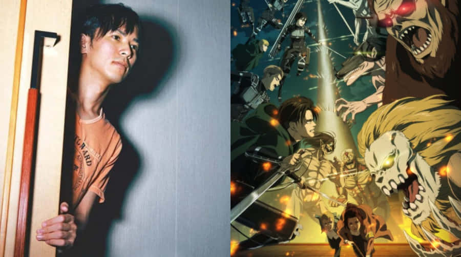 Isayama Hajime 桌布 壁紙 — 一個男人從門口探出頭來，手持法杖，旁邊是充滿活力的動漫戰鬥場景，有巨型巨人。