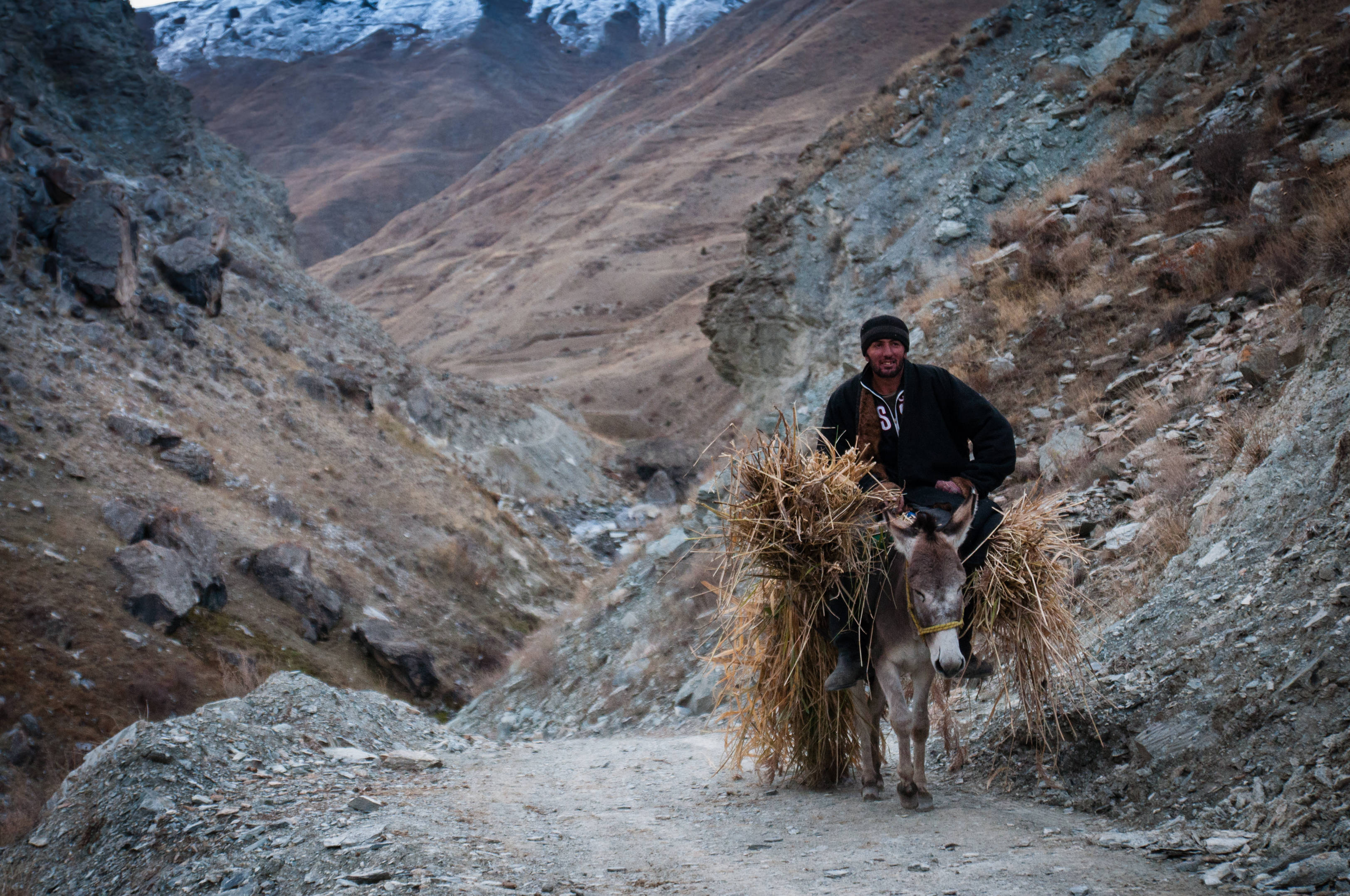 Tajikistan 桌布 壁紙 — 一個男人微笑著騎著一頭載滿乾草的驢子，穿過崎嶇的山谷，遠處有積雪的山峰。