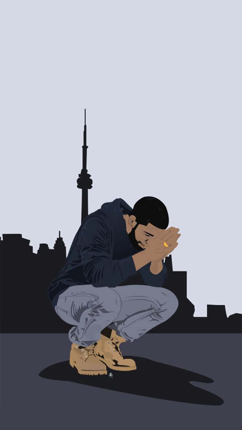 桌布 壁紙 — 一個男人悲傷地跪著，背景是城市天際線，CN塔在他身後可見。