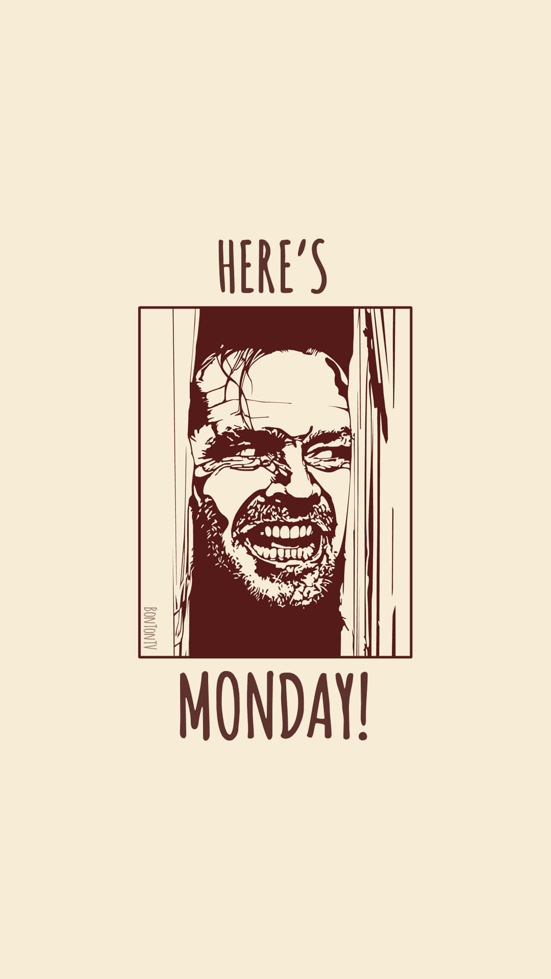 Monday 桌布 壁紙 — 一個男人憤怒的臉透過百葉窗窺視的風格化插圖，文字是星期一來了！