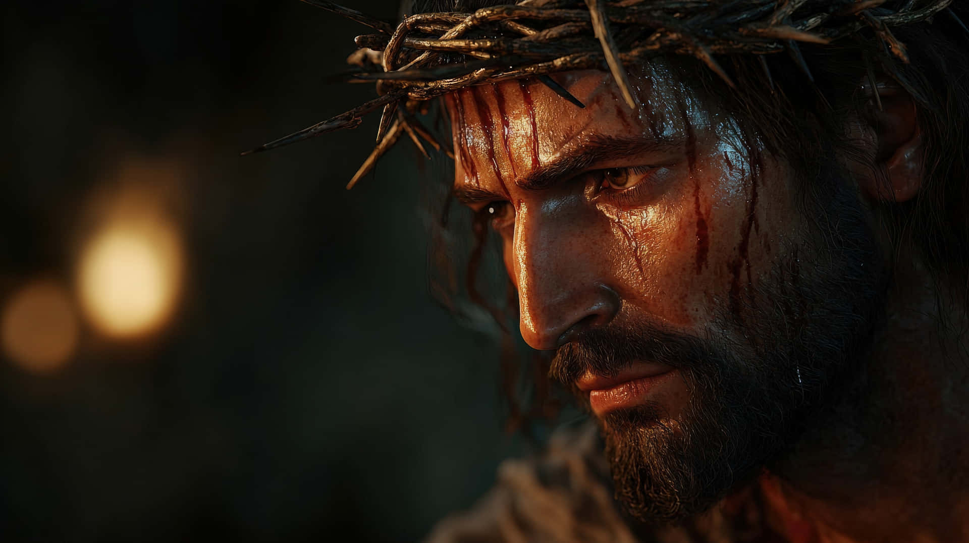 Jesus with Crown of Thorns and Wounds on His Face in Dramatic Lighting 壁紙 — 一個男人戴著荊棘冠冕，在溫暖昏暗的燈光下，血跡斑斑的臉部特寫。