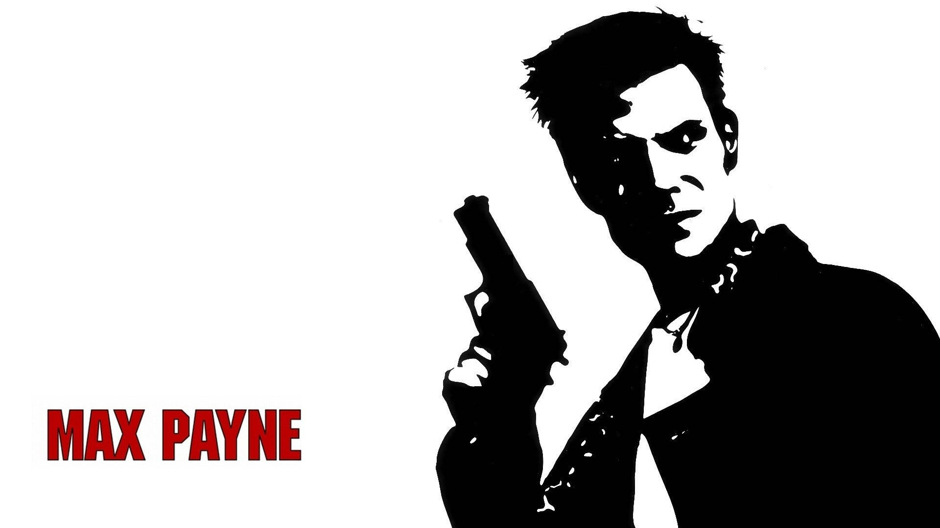 Max Payne 桌布 壁紙 — 一個男人手持手槍，眼神銳利，在白色背景上呈現鮮明的黑白剪影，並有紅色文字寫著 MAX PAYNE。