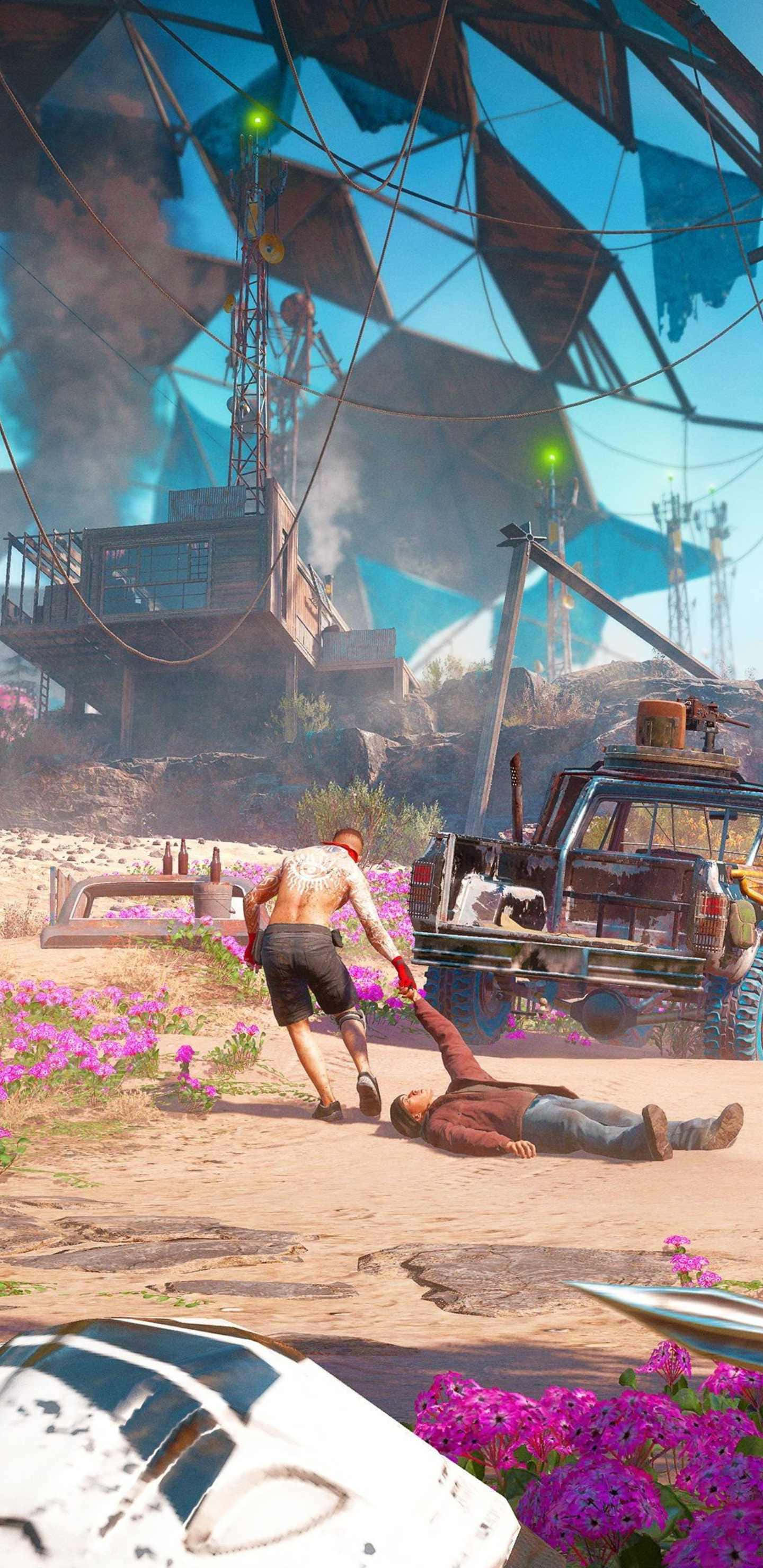 Android Far Cry New Dawn 桌布 壁紙 — 一個男人拖著另一個男人穿過一片沙漠荒地，地上有紫色花朵，上方是巨大的幾何圓頂結構。